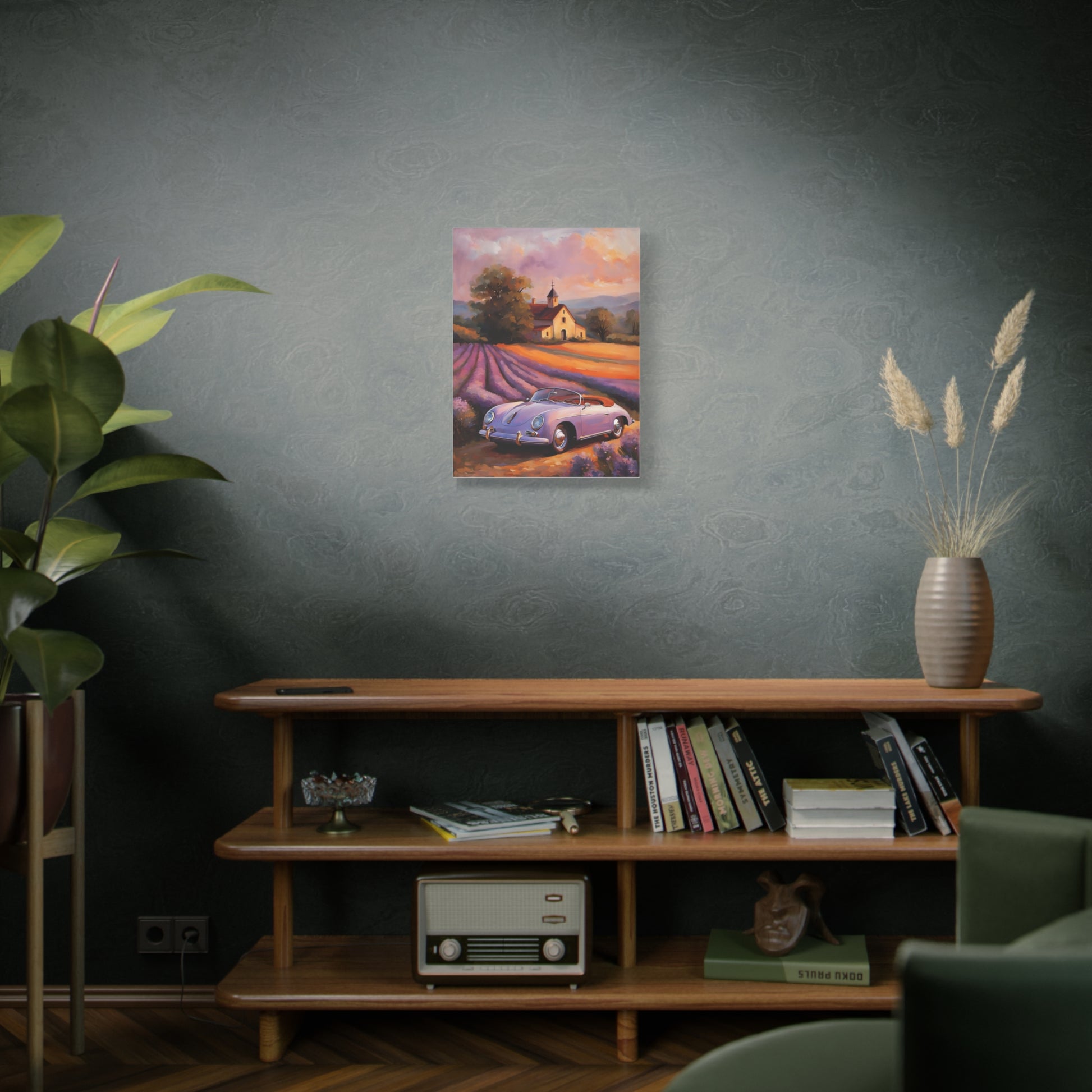 Vintage car canvas wall art featuring a classic car in a lavender field setting