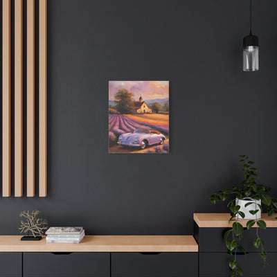 Vintage car canvas wall art featuring a classic car in a scenic landscape setting