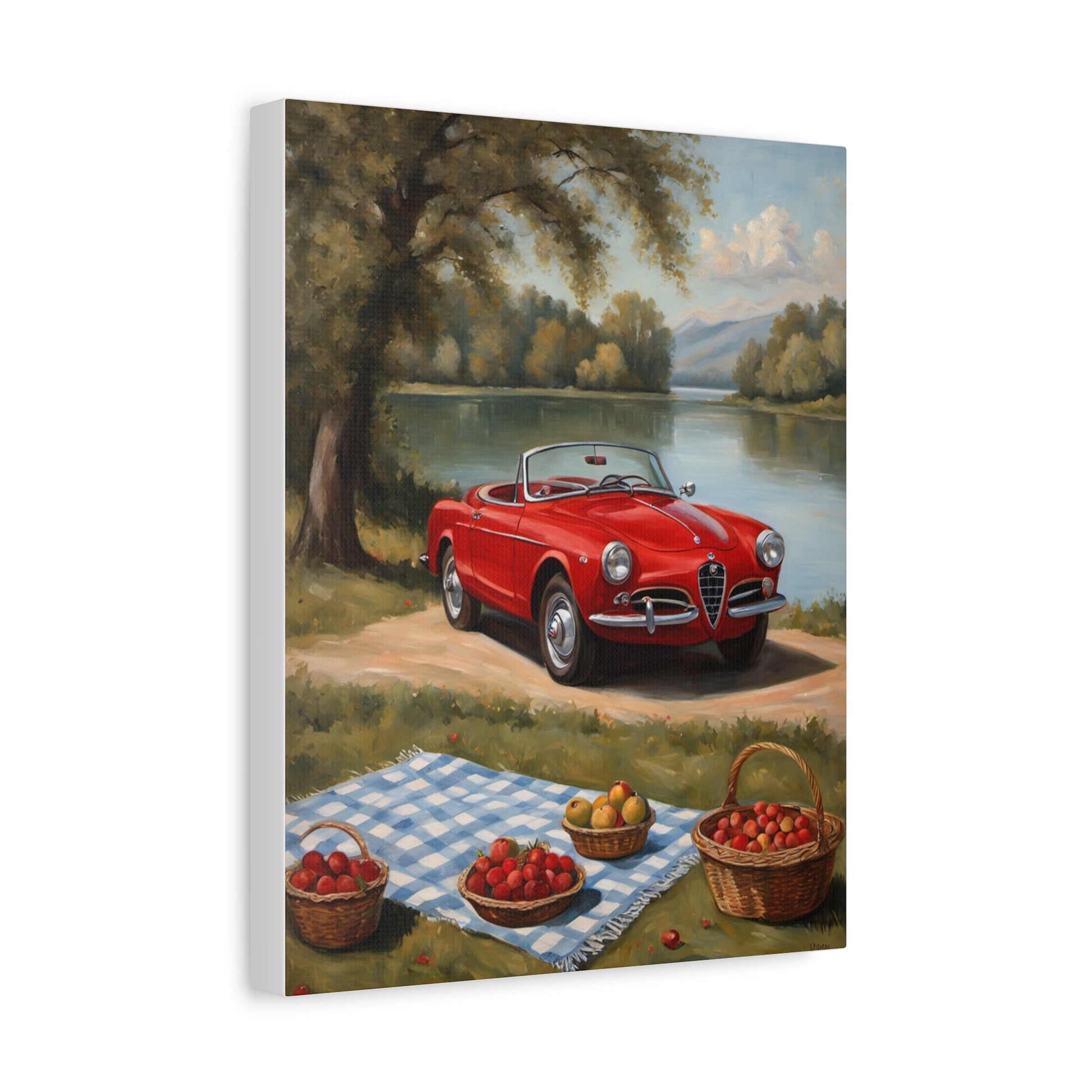 Vintage Car Canvas Wall Art featuring a red convertible beside a serene lakeside picnic scene