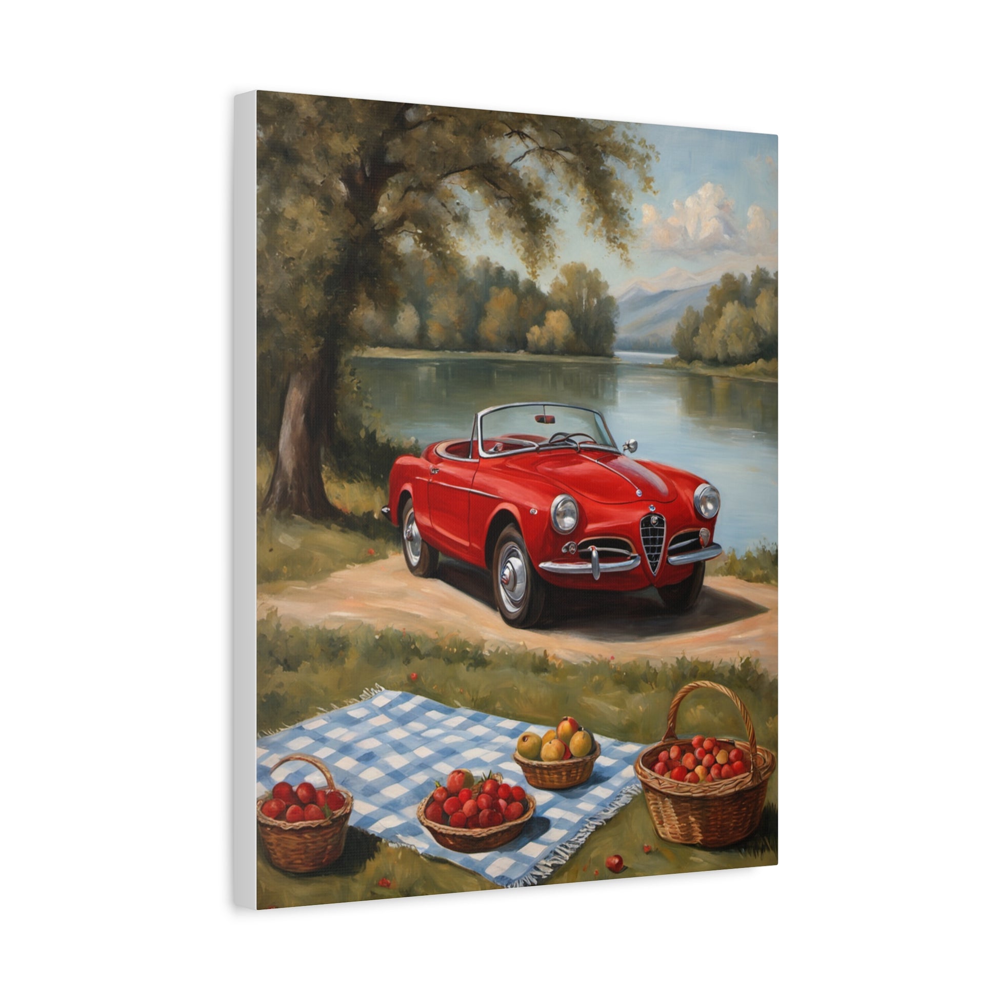 Vintage Car Canvas Wall Art featuring a red convertible by a scenic riverside picnic setup