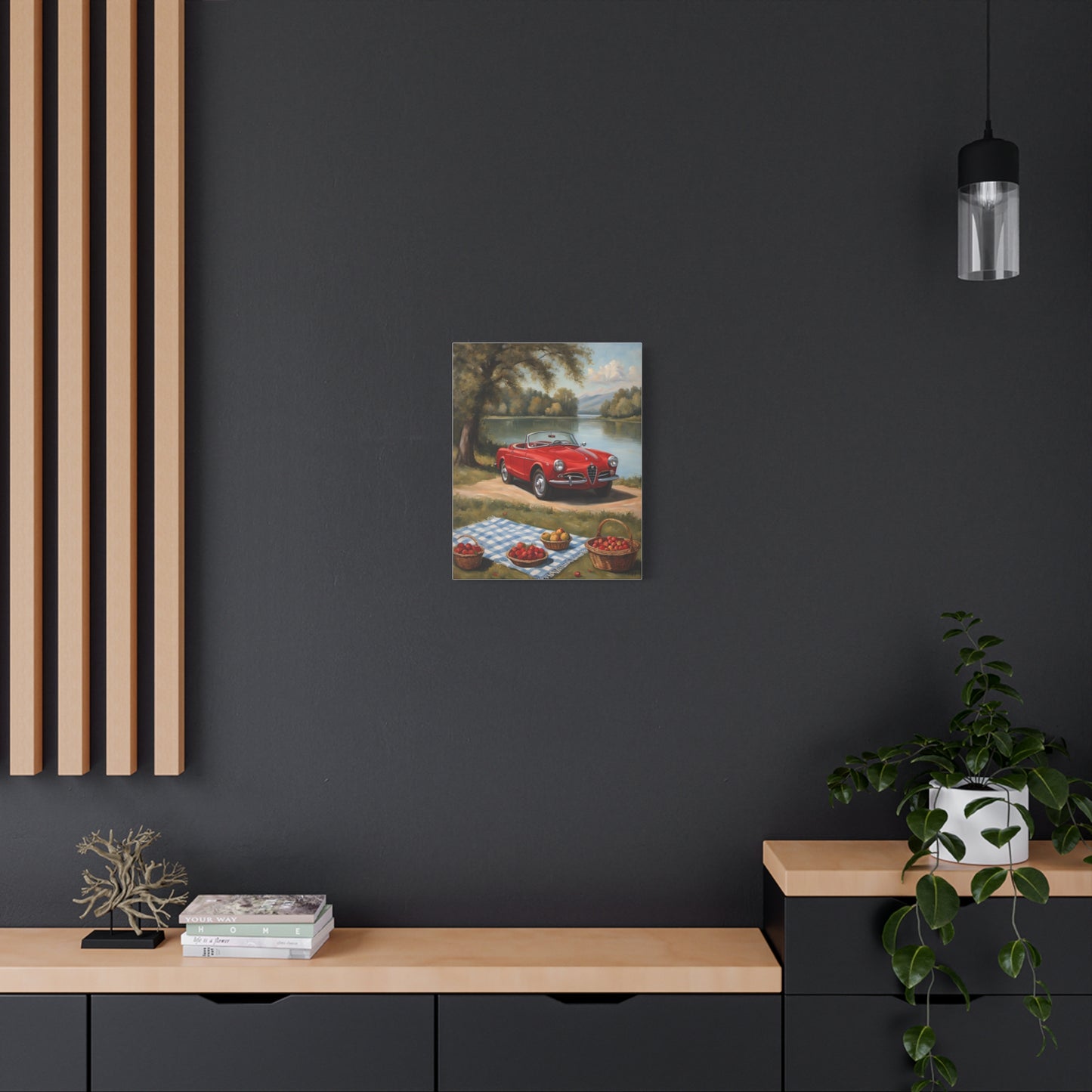 Vintage Car Canvas Wall Art featuring a classic red car near a picnic setup in a scenic outdoor setting