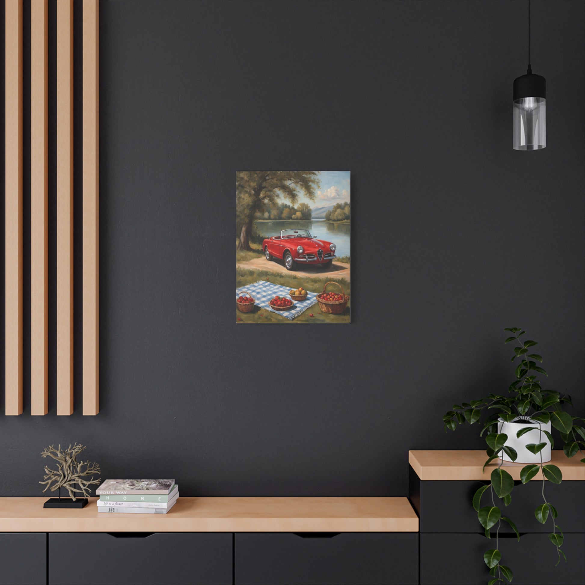 Vintage Car Canvas Wall Art featuring a classic red car by a serene lake surrounded by nature