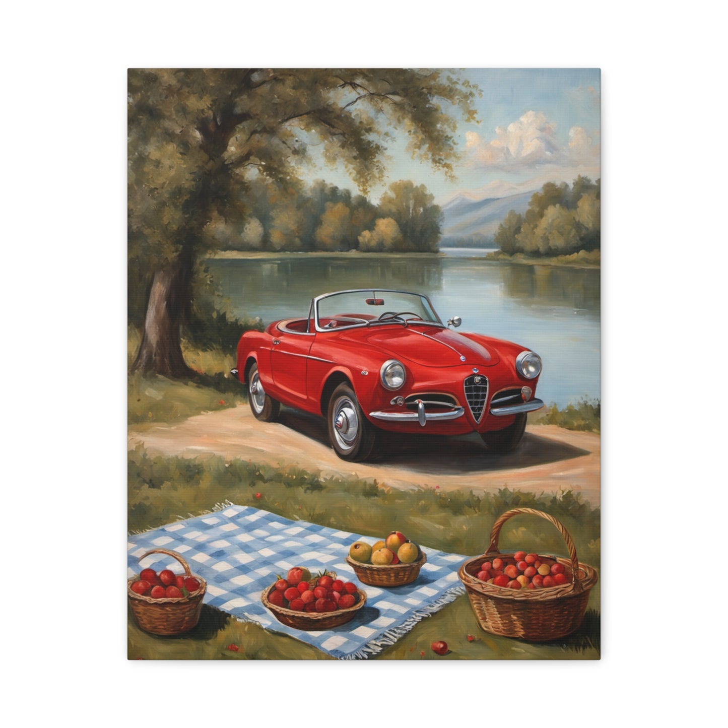Vintage Car Canvas Wall Art featuring a red convertible parked by a scenic river with picnic baskets