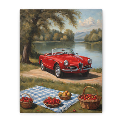 Vintage Car Canvas Wall Art featuring a red convertible by a serene lake with picnic baskets