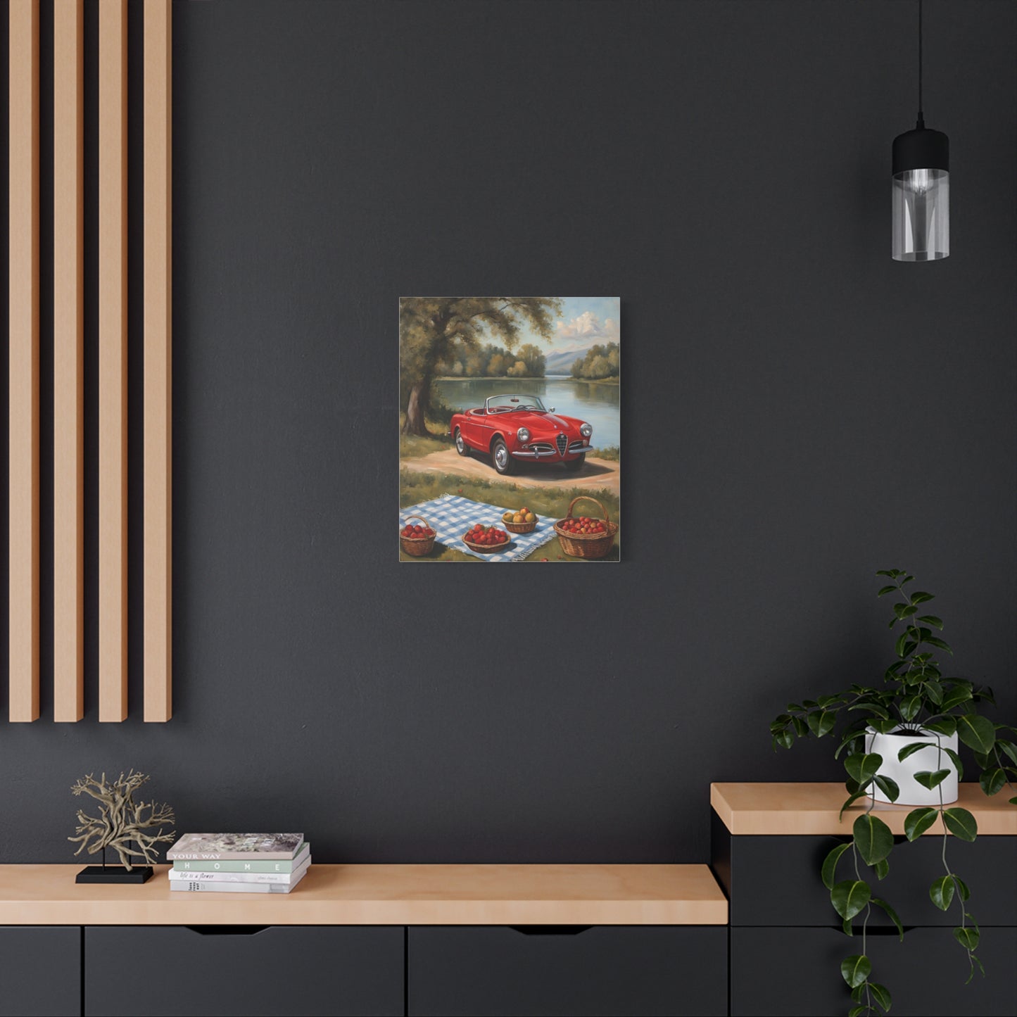 Vintage Car Canvas Wall Art featuring a classic red car in a scenic landscape setting
