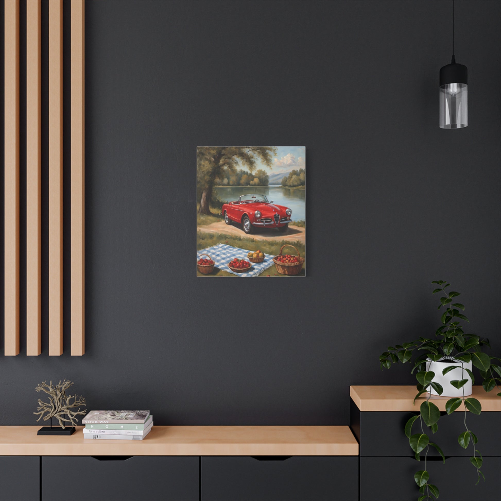 Vintage Car Canvas Wall Art featuring a classic red car in a scenic landscape setting