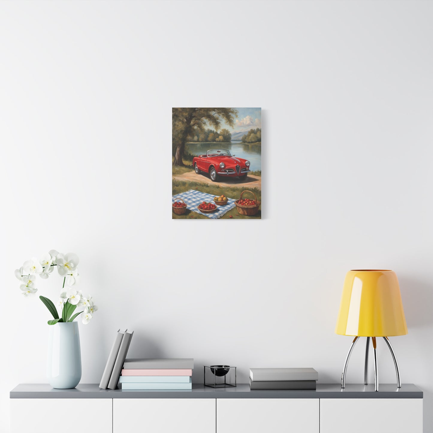 Vintage Car Canvas Wall Art featuring a red car by a lakeside picnic scene