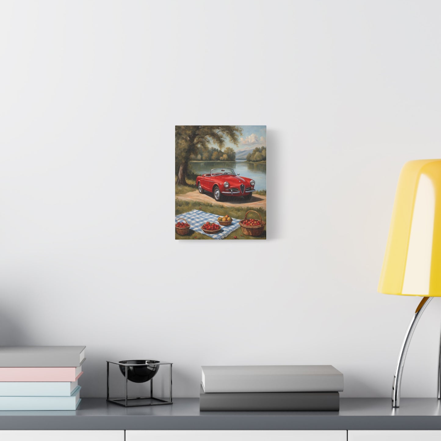 Vintage Car Canvas Wall Art featuring a red classic car parked near a lakeside picnic scene