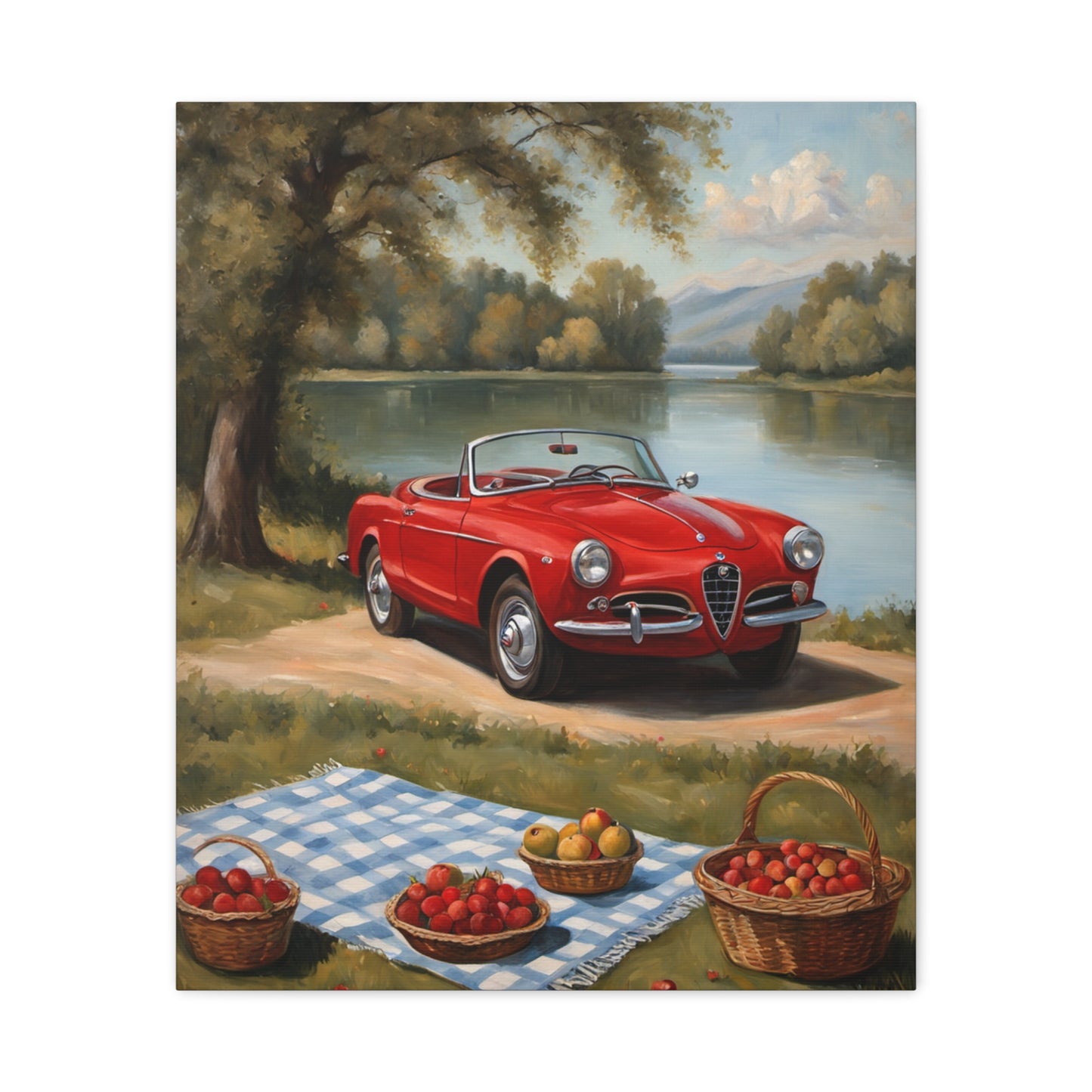 Vintage Car Canvas Wall Art featuring a red convertible near a serene lake with picnic scene