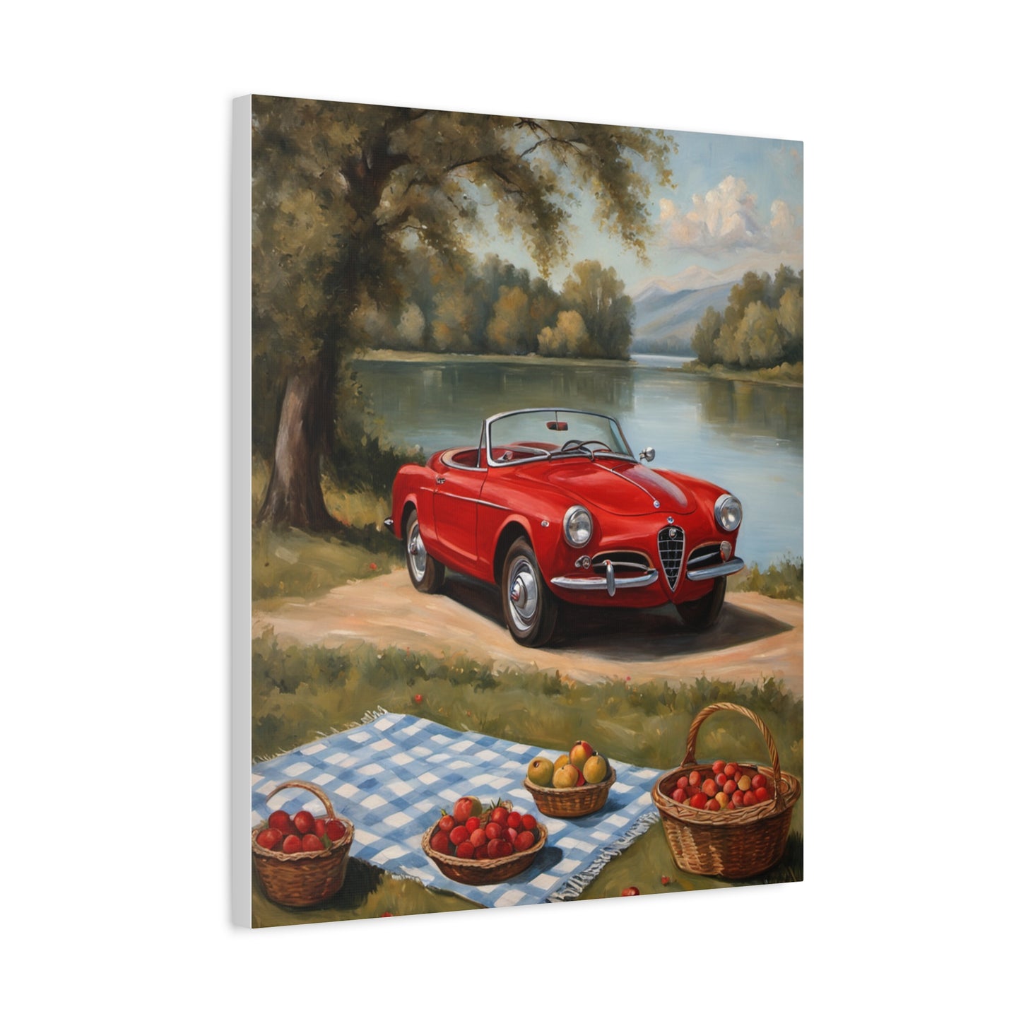 Vintage Car Canvas Wall Art featuring a red convertible by a peaceful lake with picnic baskets