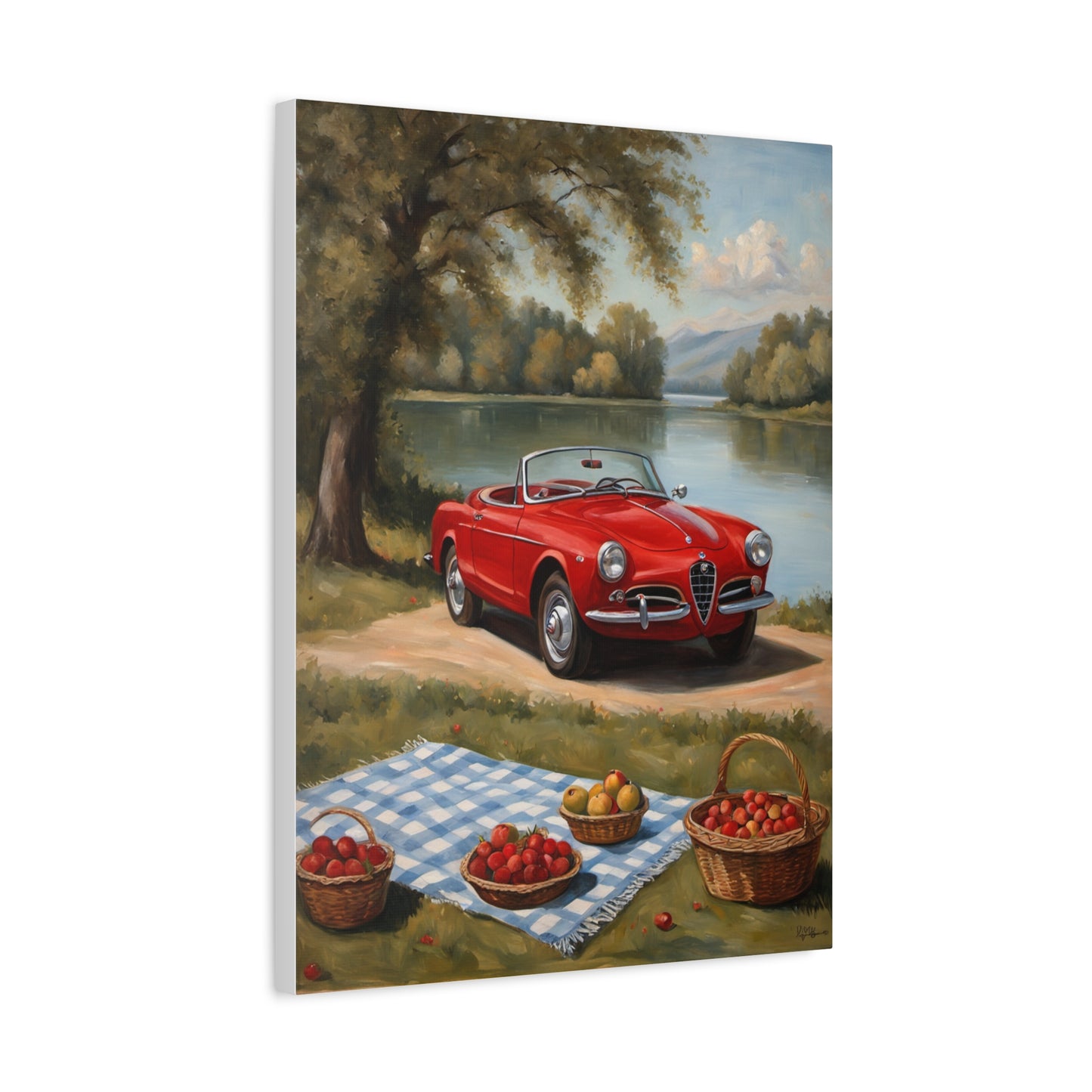 Vintage Car Canvas Wall Art featuring a red convertible by a lake with picnic baskets