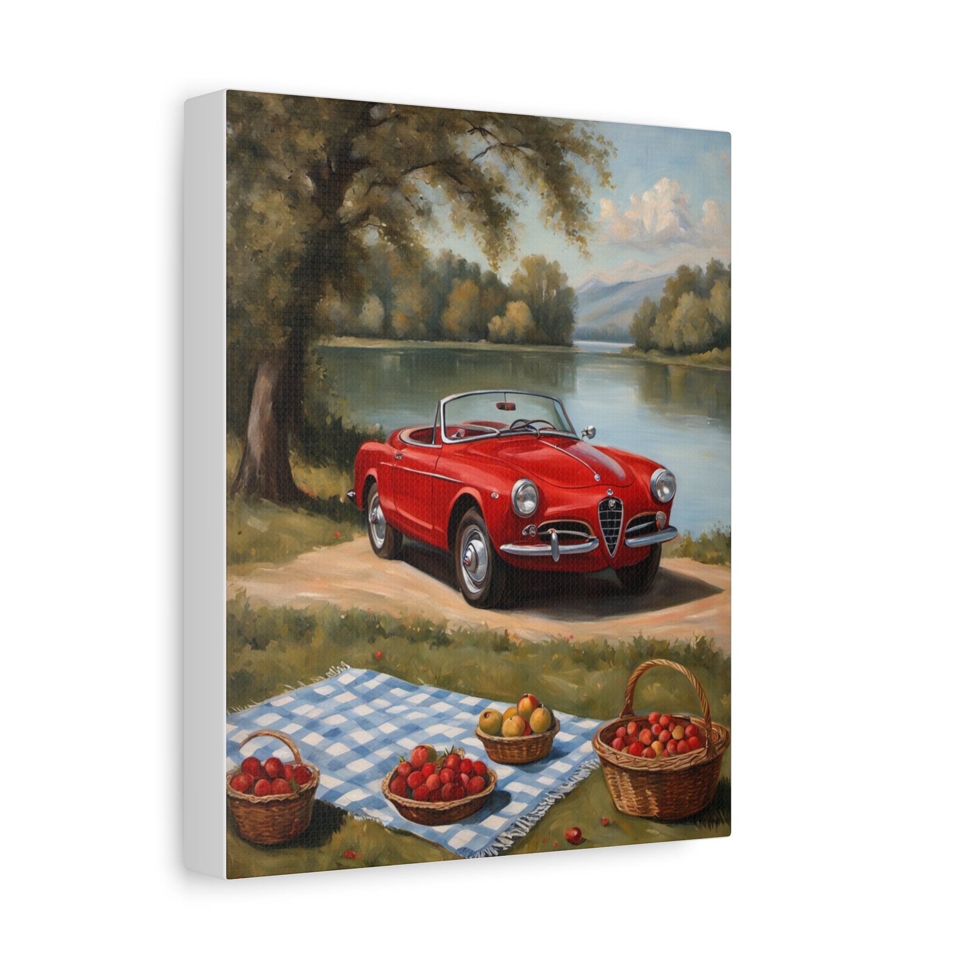 Vintage Car Canvas Wall Art featuring a red convertible by a lake with a picnic setup