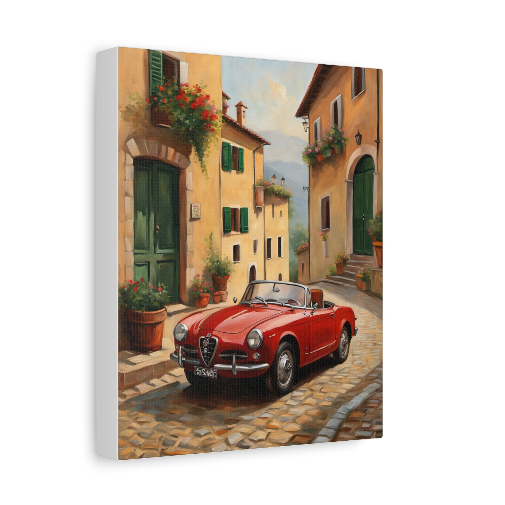Vintage Car Canvas Wall Art featuring a red convertible in a charming cobblestone street