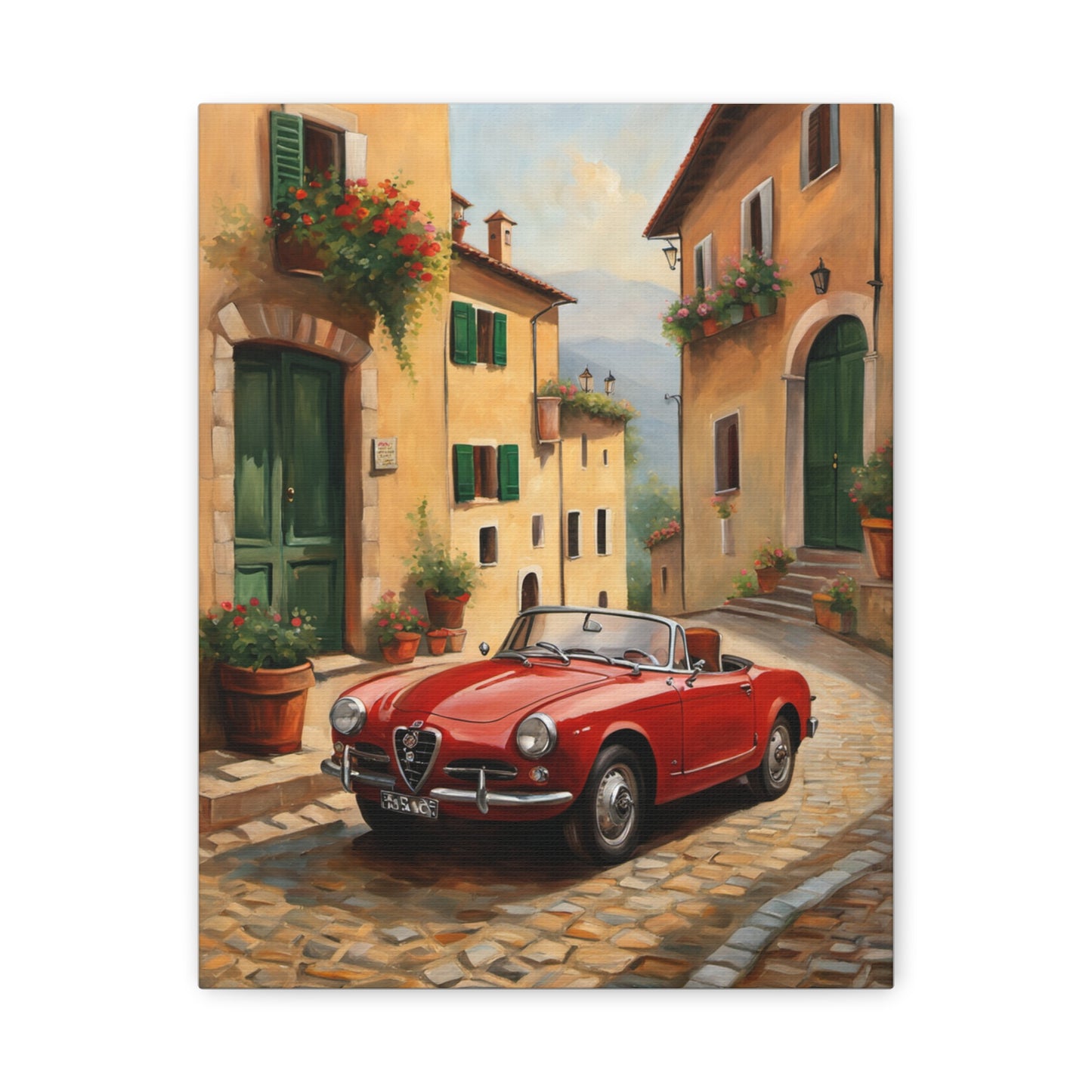 Vintage Car Canvas Wall Art featuring a red convertible parked in a picturesque European street