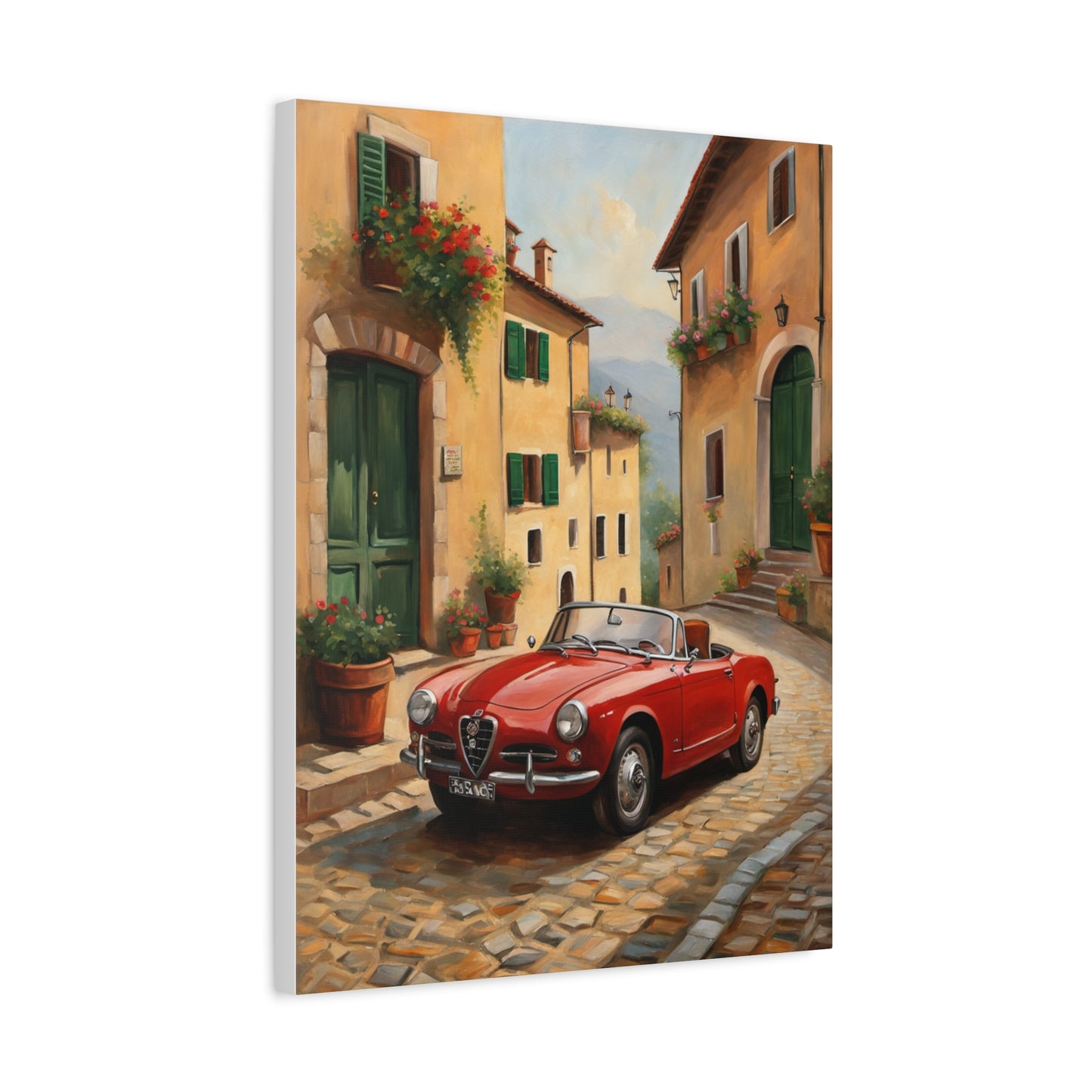 Vintage Car Canvas Wall Art featuring a red convertible on a cobblestone street in a picturesque village