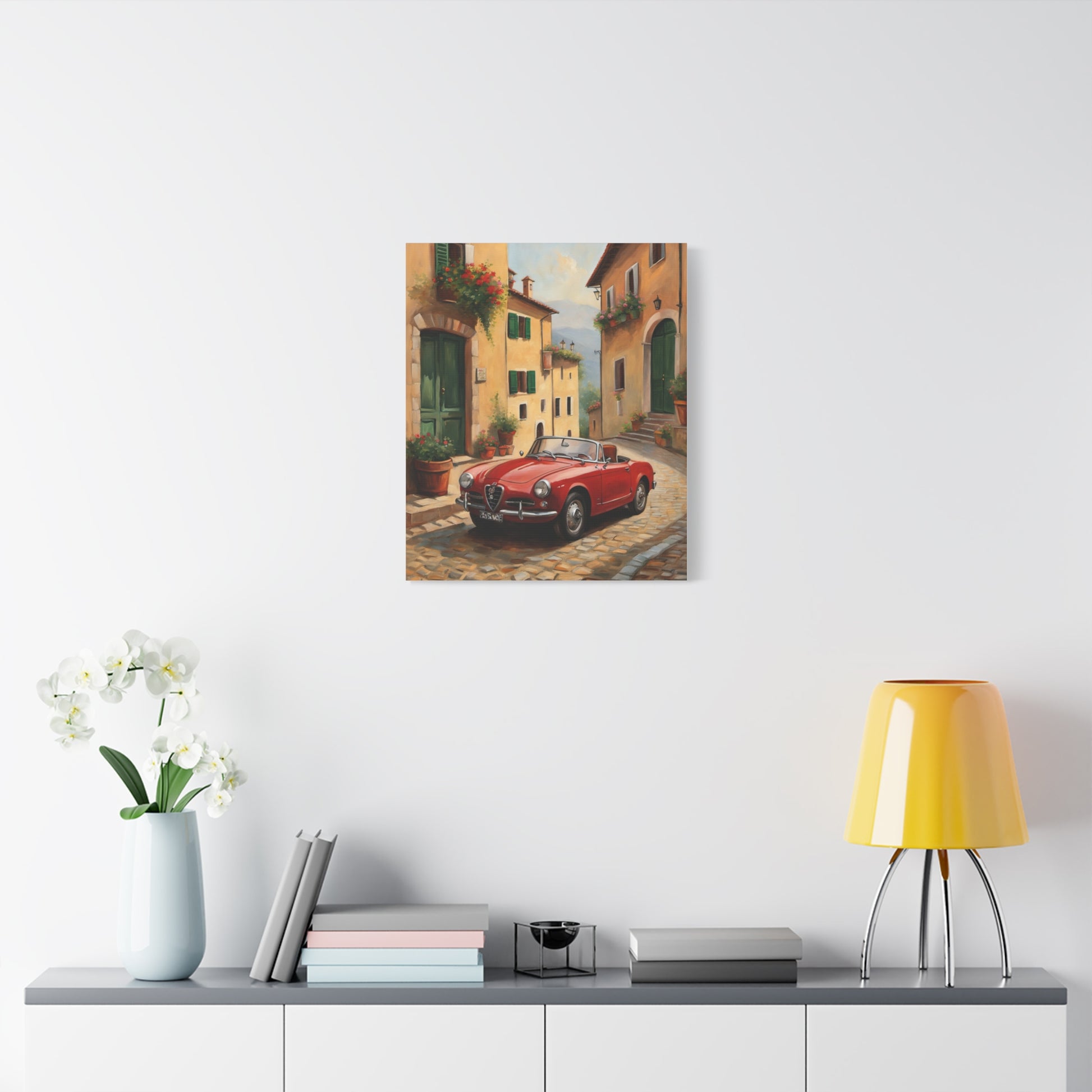 Vintage Car Canvas Wall Art featuring a red classic car parked on a charming cobblestone street