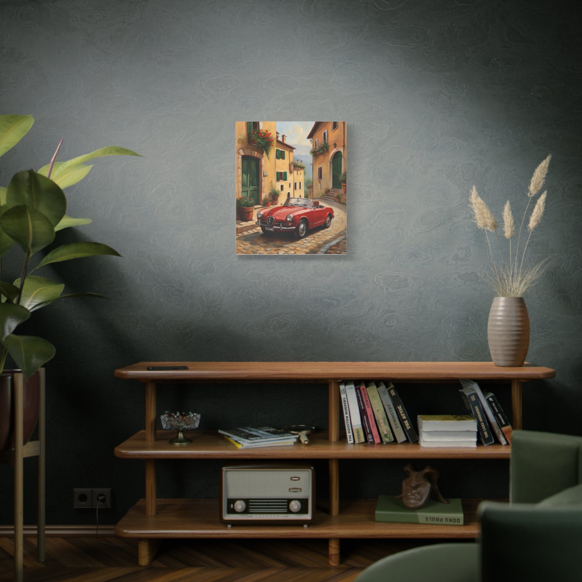Vintage Car Canvas Wall Art featuring a classic red car on a picturesque street scene