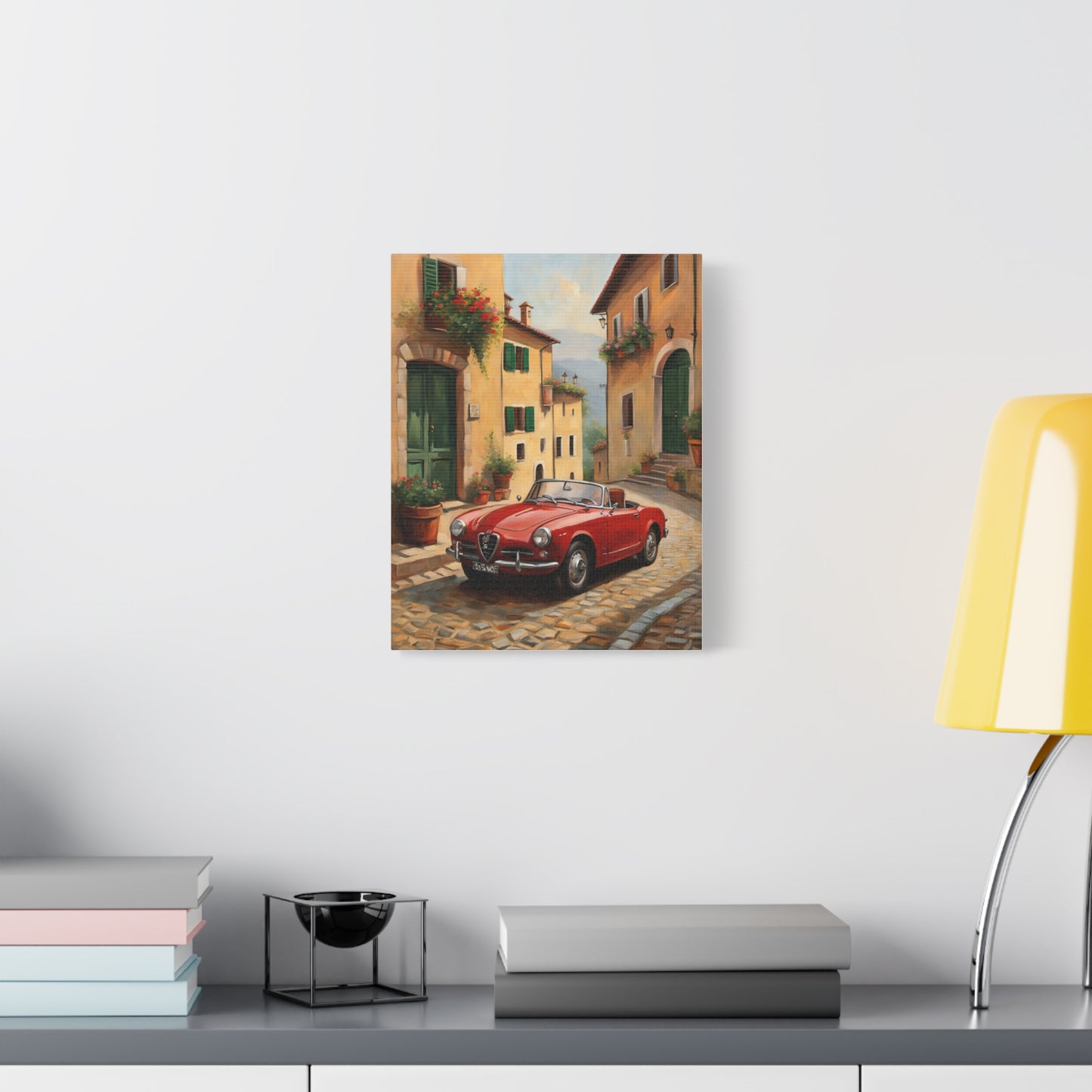 Vintage Car Canvas Wall Art featuring a classic red car in a picturesque street scene