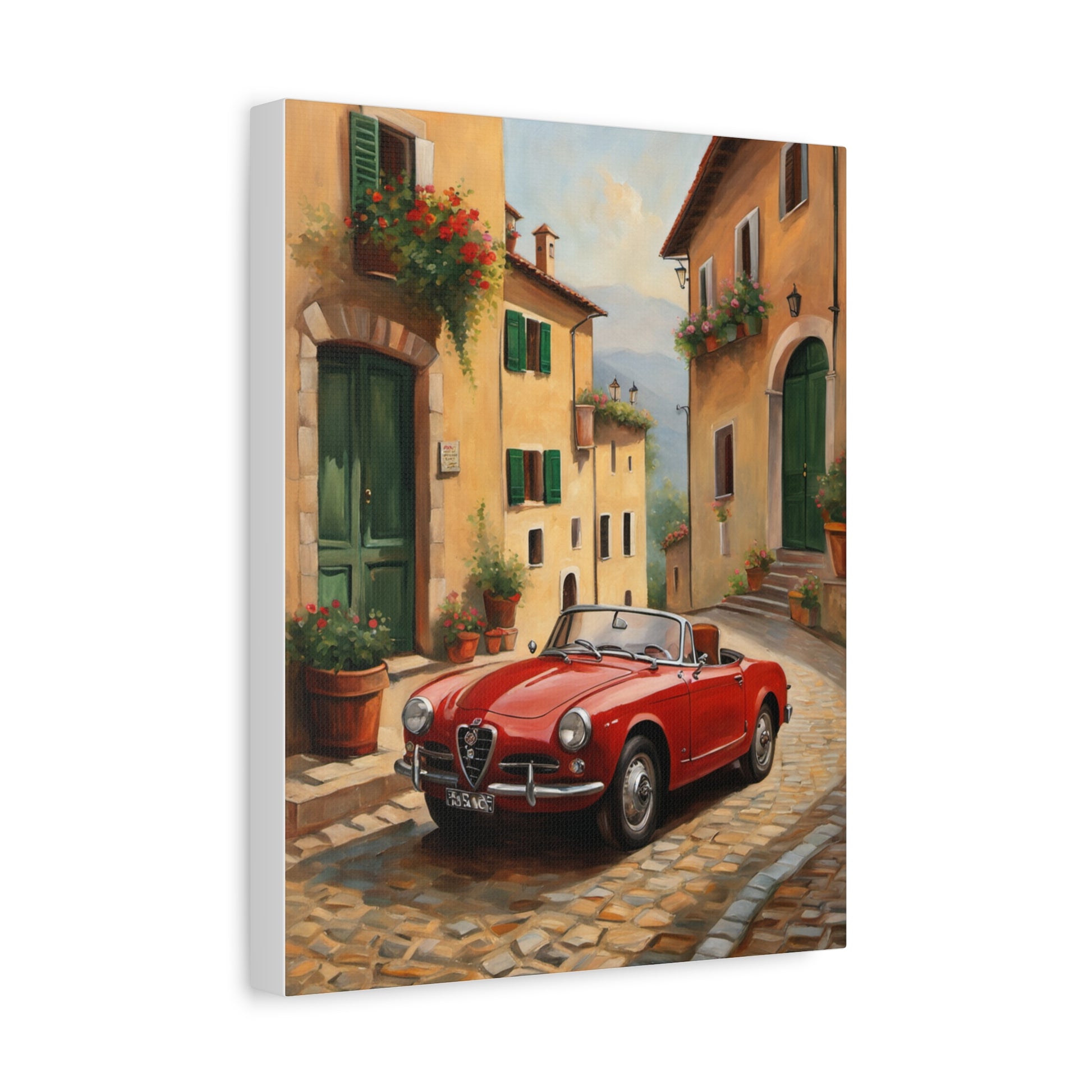 Vintage Car Canvas Wall Art featuring a red convertible parked in a charming Italian village