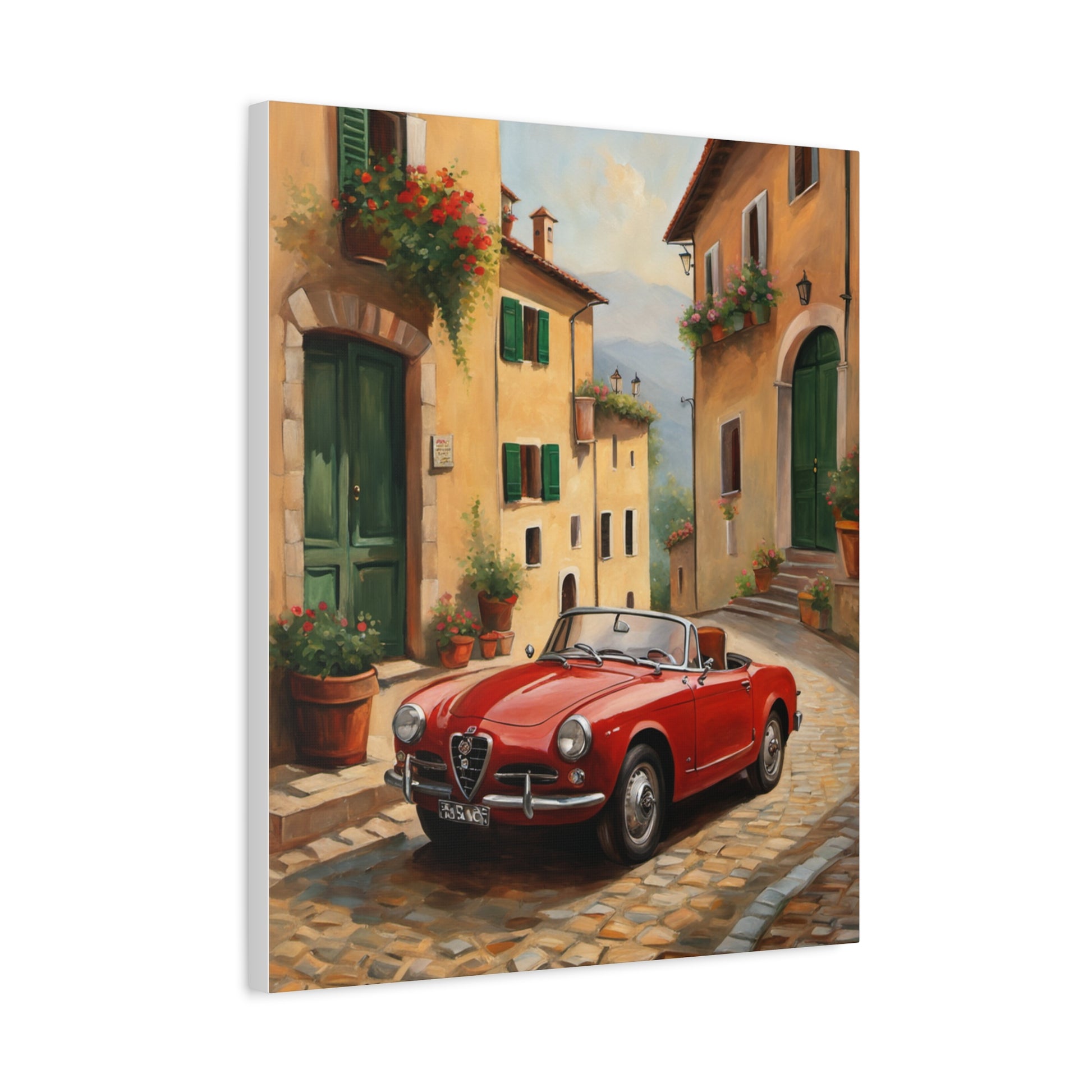 Vintage Car Canvas Wall Art featuring a red convertible parked on a charming cobblestone street