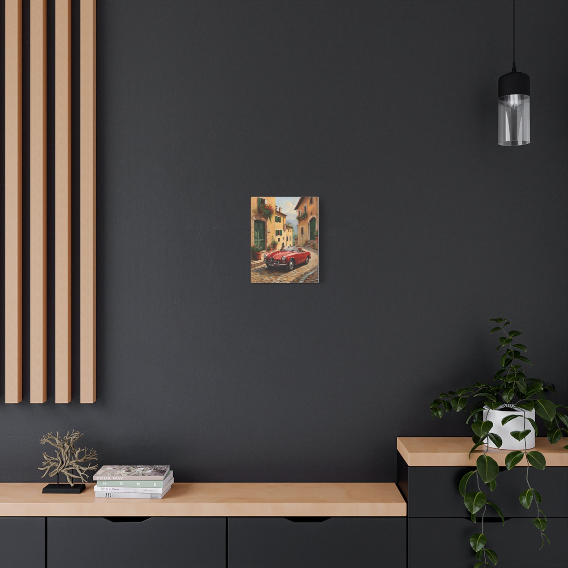 Vintage Car Canvas Wall Art displayed on a stylish black wall with modern decor