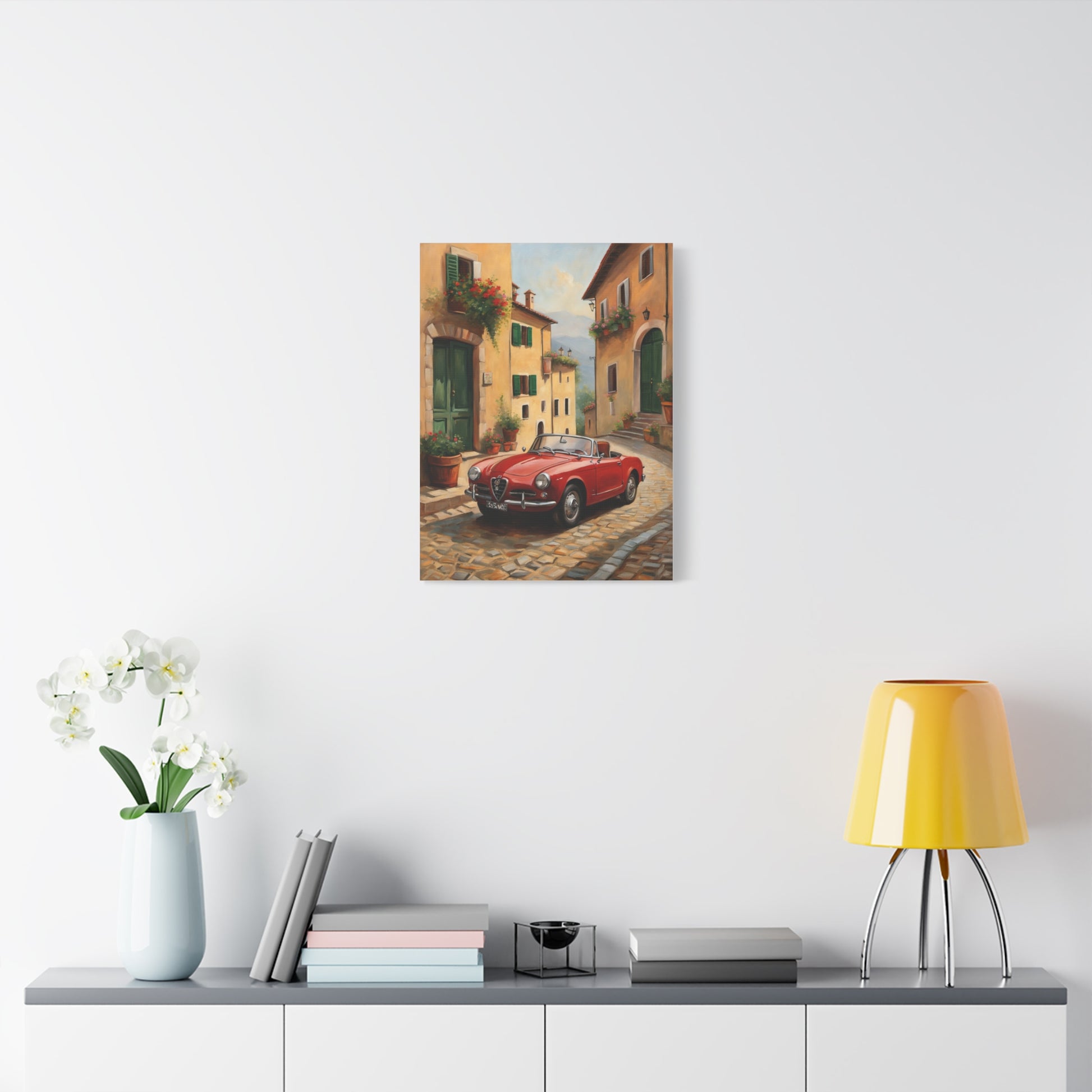 Vintage Car Canvas Wall Art depicting a classic car on a quaint cobblestone street