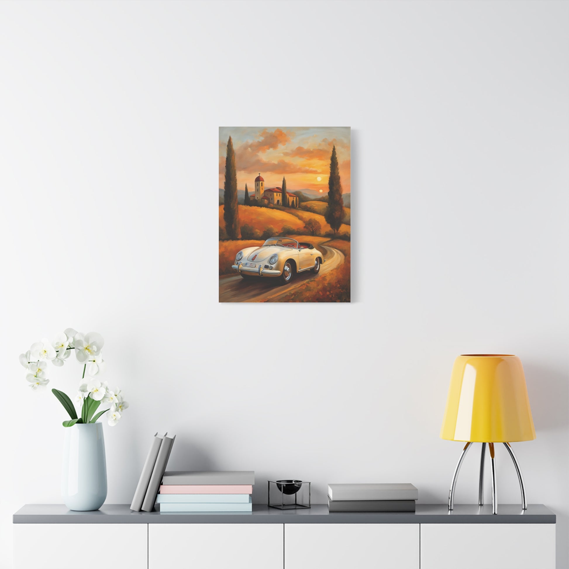 Vintage car canvas wall art featuring a classic car on a scenic road with sunset background