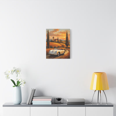 Vintage car canvas wall art depicting a classic car driving through a scenic landscape at sunset
