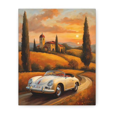 Vintage car canvas wall art featuring a classic white car on a scenic road with a sunset backdrop