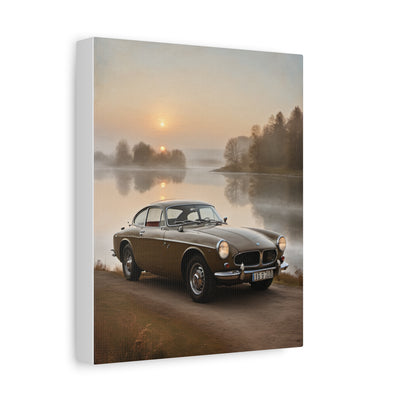 Vintage Car Canvas featuring a vintage car by a serene lakeside at sunrise