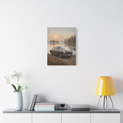 Vintage Car Canvas featuring a retro automobile by a serene lake at sunrise