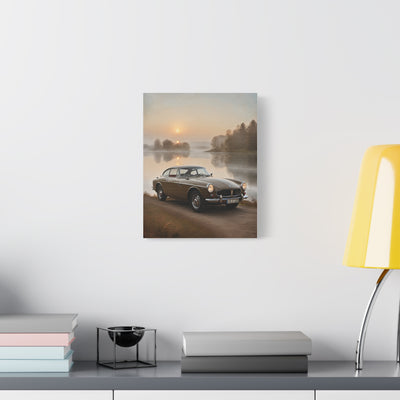 Vintage Car Canvas featuring a retro automobile by a serene lakeside at sunrise