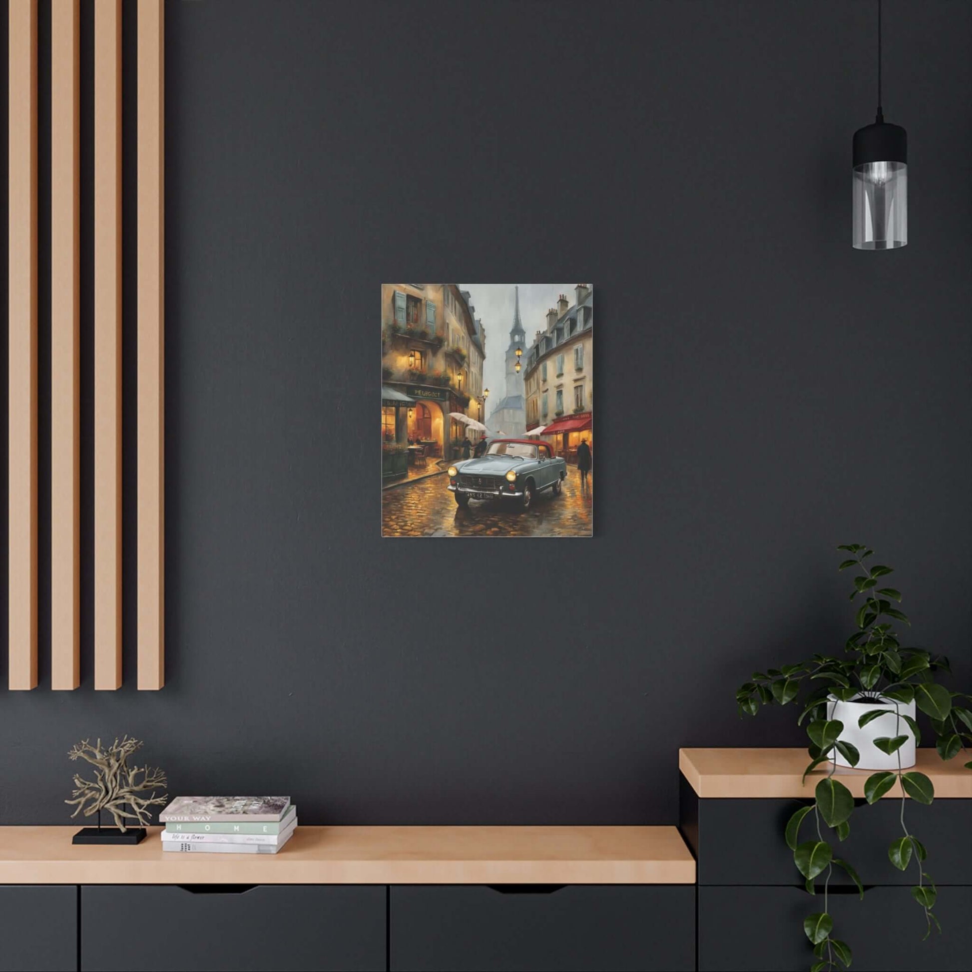 Vintage car cityscape canvas art featuring a classic car on a rainy street
