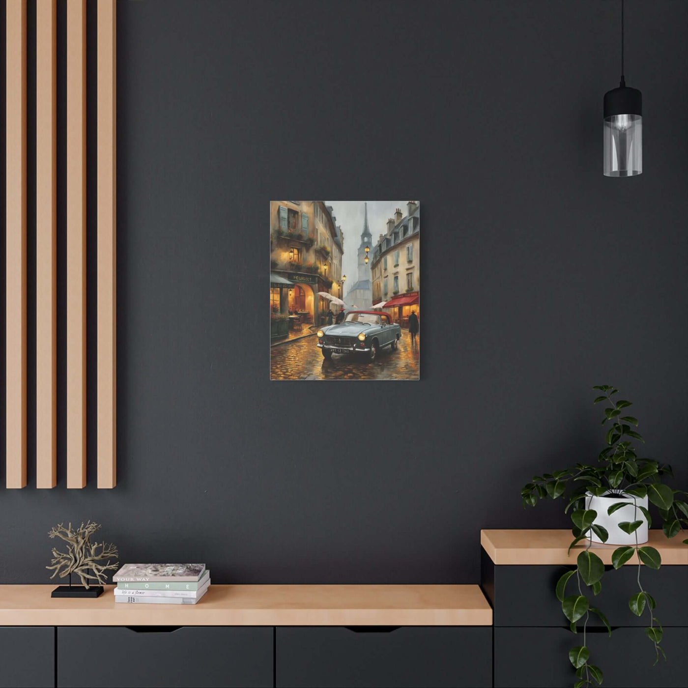 Vintage car cityscape canvas art featuring a classic car on a rainy street