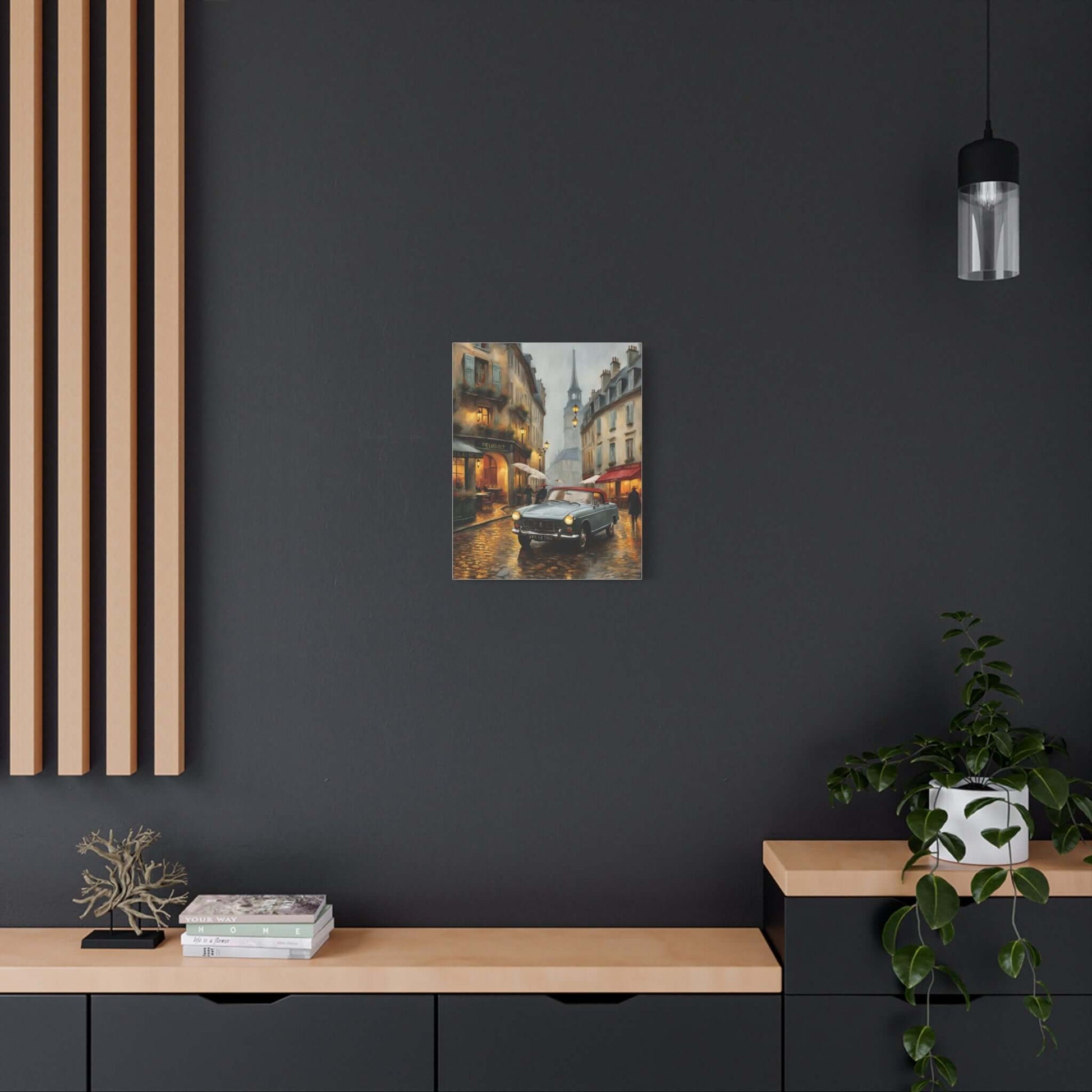 Vintage car cityscape canvas art featuring a classic car in a charming urban setting