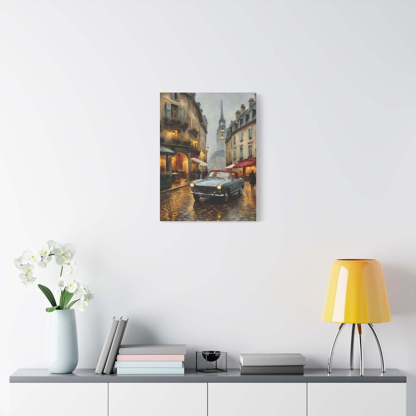 Vintage car cityscape canvas art depicting a rainy street scene with classic cars and buildings