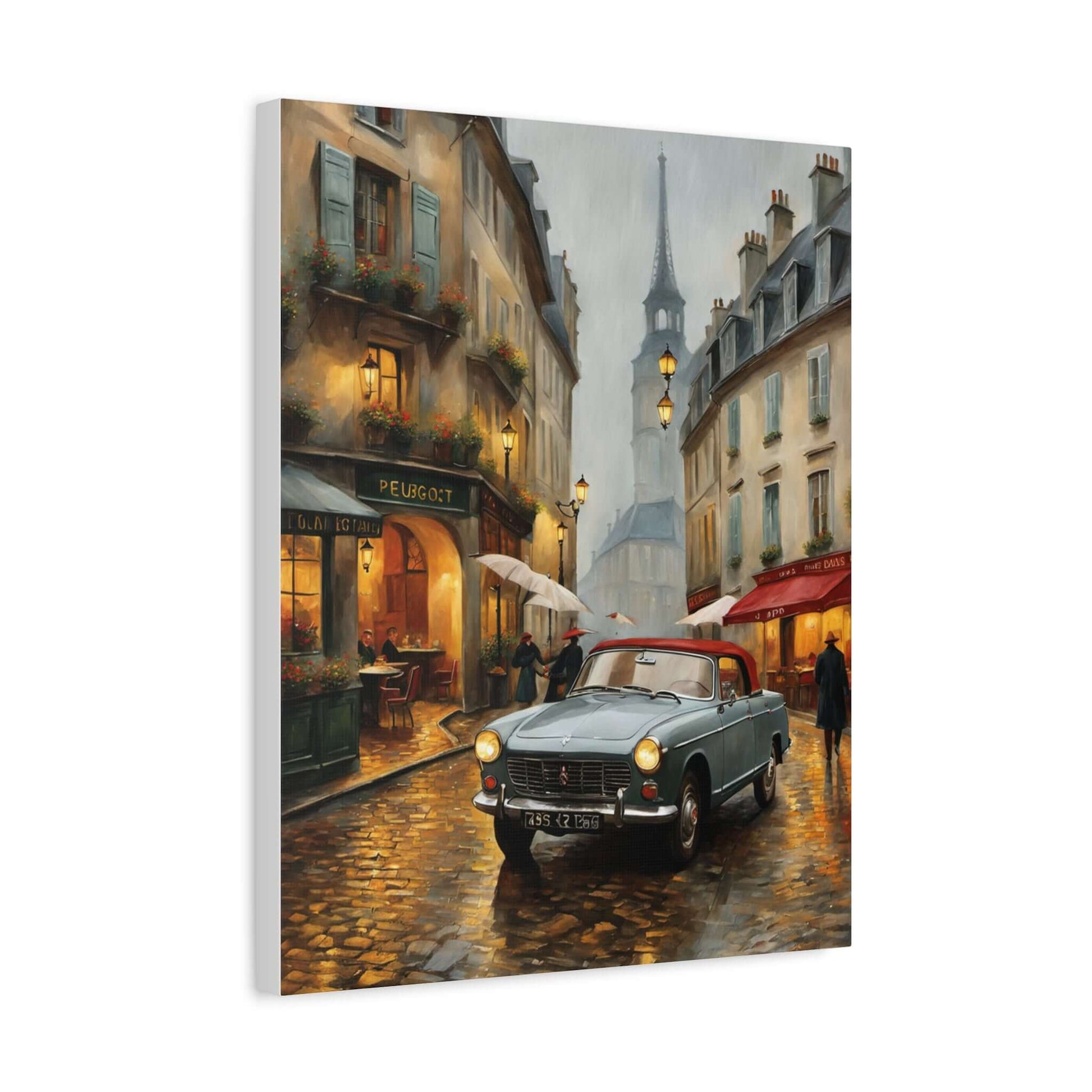 Vintage car cityscape canvas art featuring a classic blue car in a rainy Paris street scene