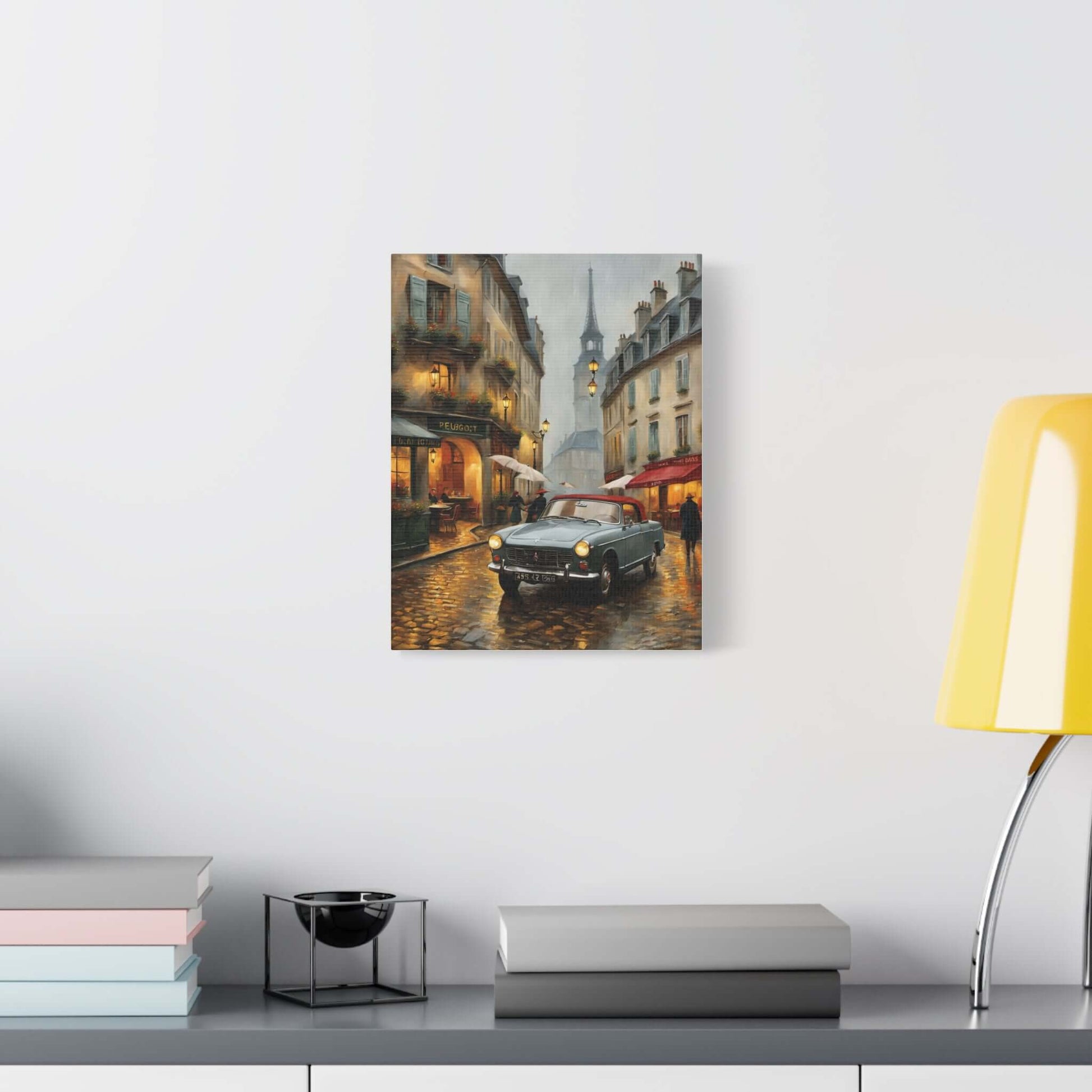 Vintage car cityscape canvas art featuring a classic car on a rainy street with warm lights