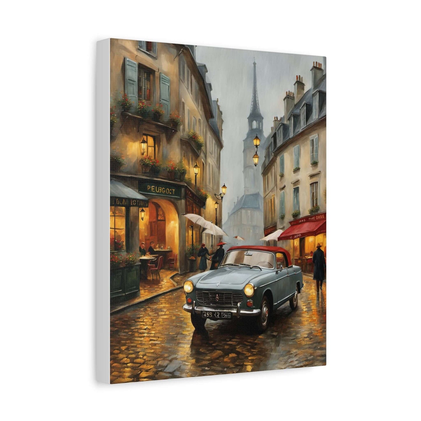 Vintage car cityscape canvas art featuring a classic car in a rainy street scene