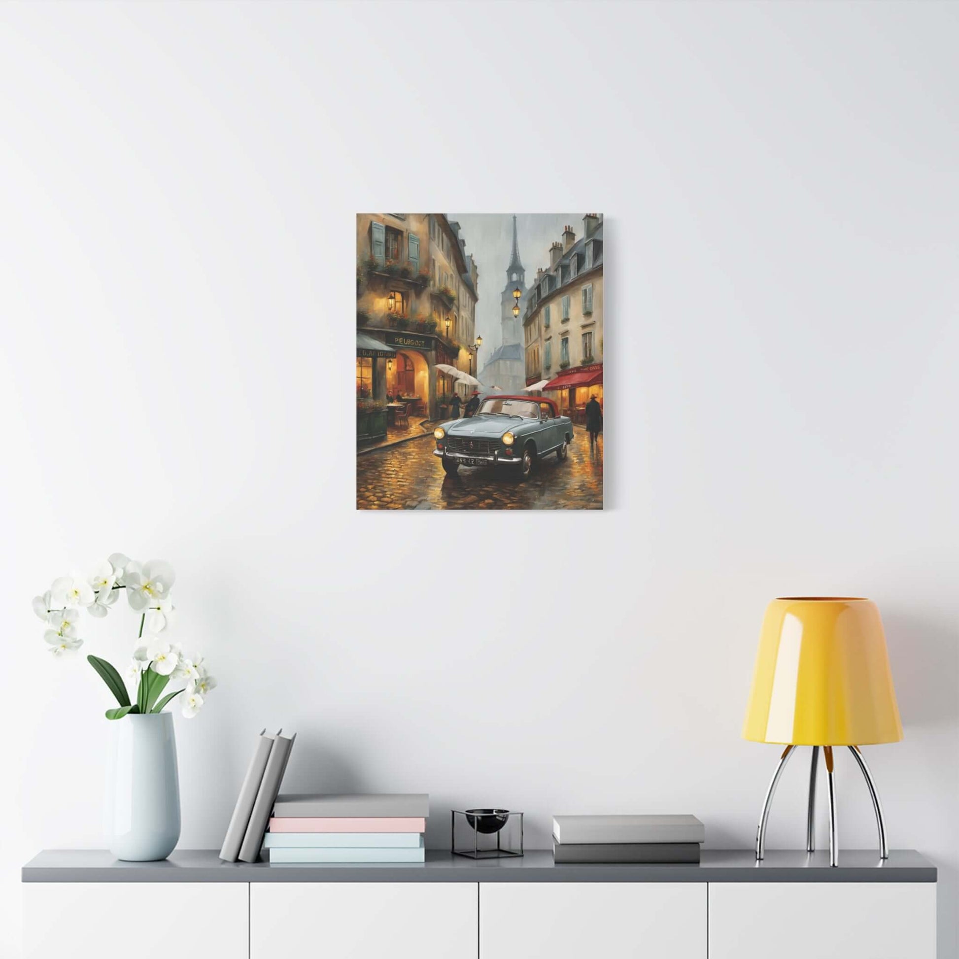 Vintage car cityscape canvas art featuring a rainy street scene with classic cars and a charming city backdrop