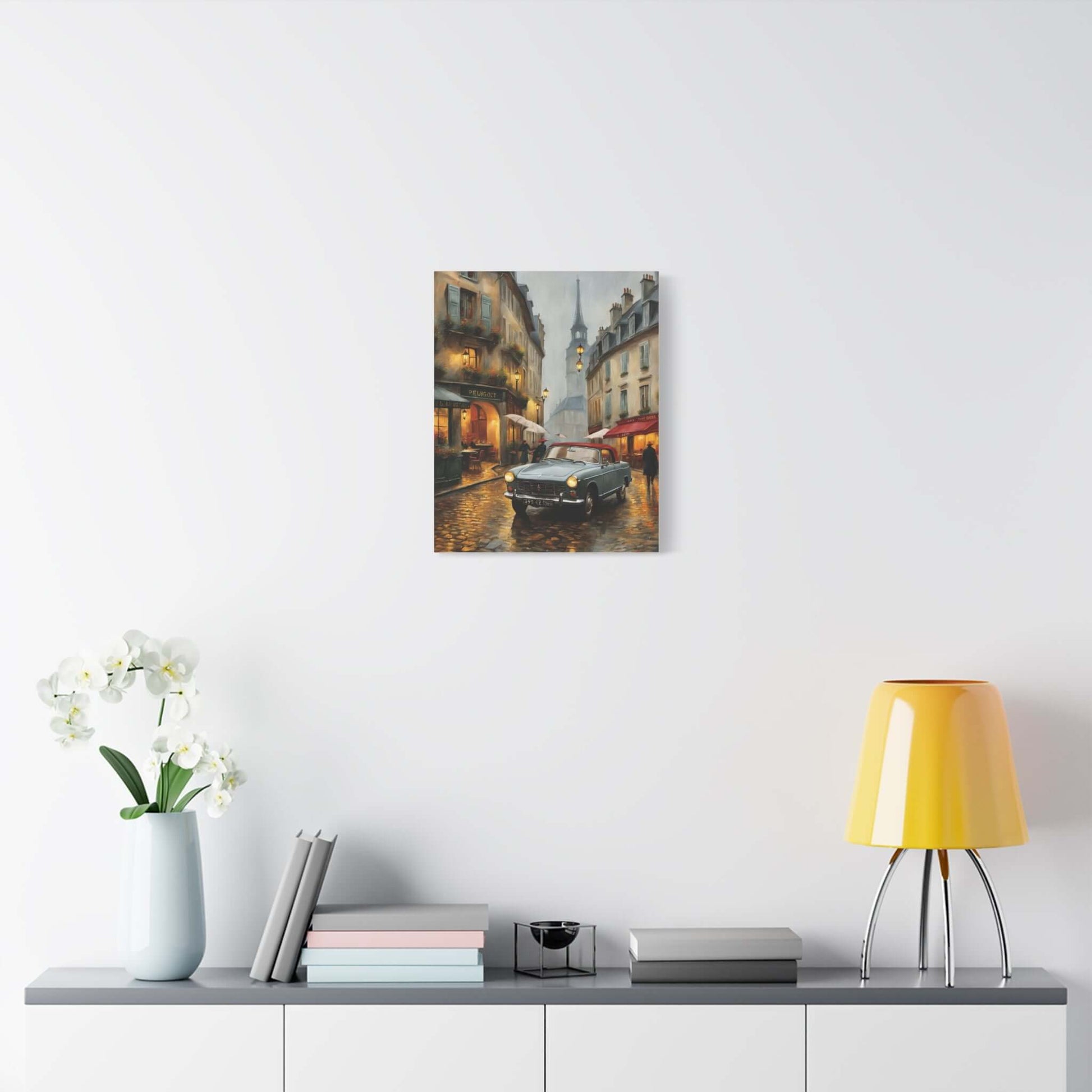 Vintage car cityscape canvas art featuring a rainy street scene with a classic car