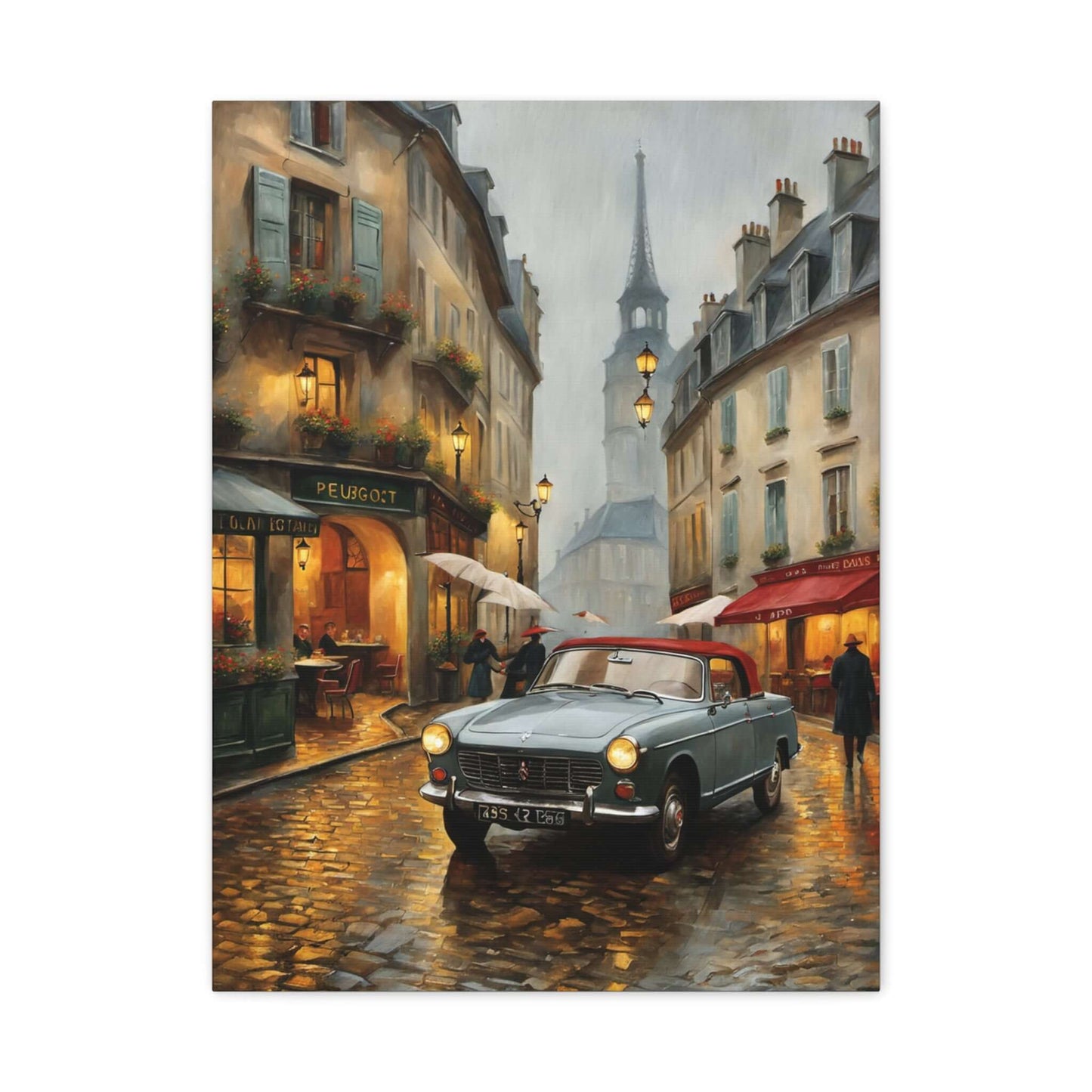 Vintage car cityscape canvas art featuring a classic car in a rainy Paris street scene