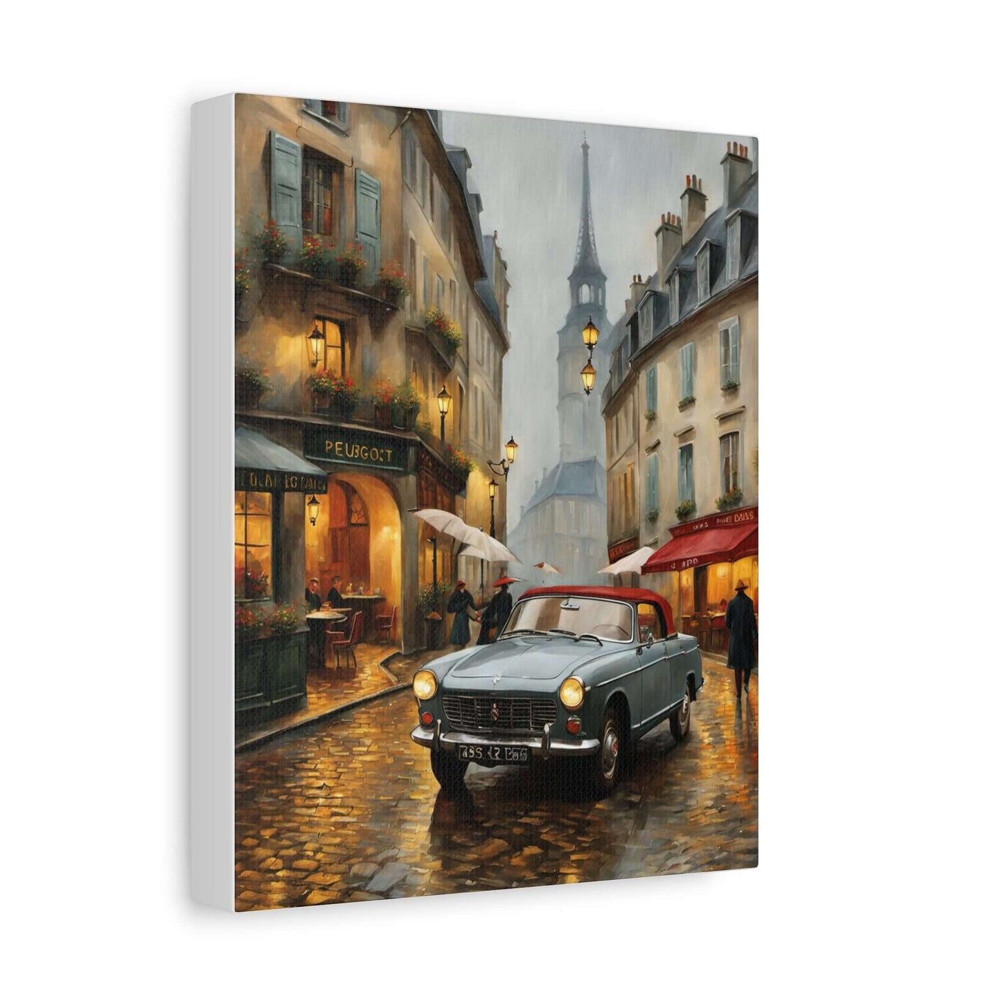 Vintage car cityscape canvas art featuring a rainy street scene in Paris with a classic car