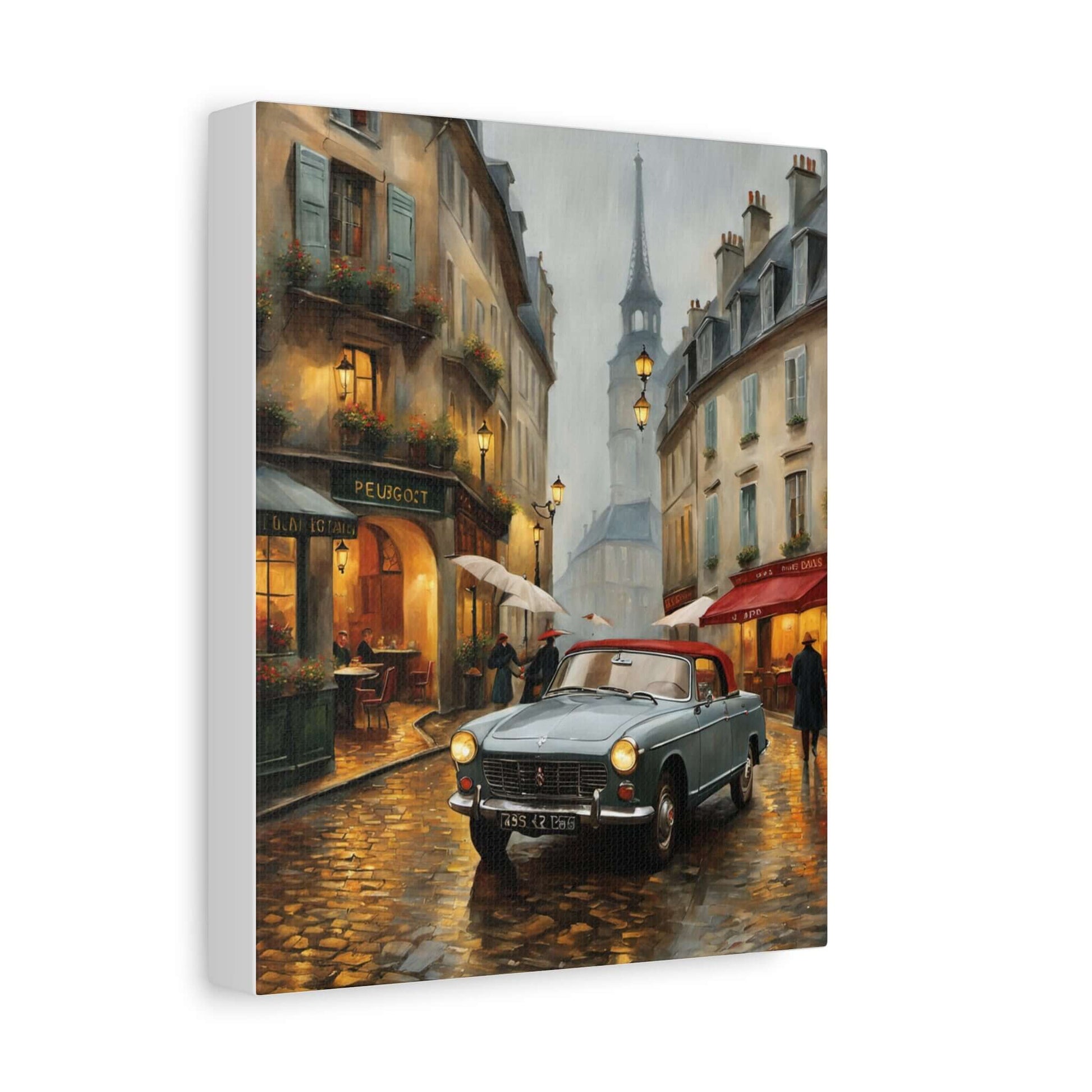 Vintage car cityscape canvas art featuring a rainy street scene in Paris with a classic car