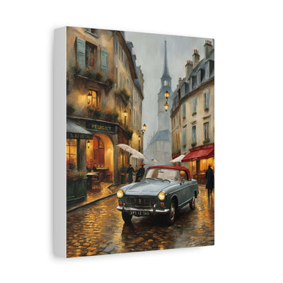 Vintage car cityscape canvas art featuring a rainy street scene in Paris with a classic car