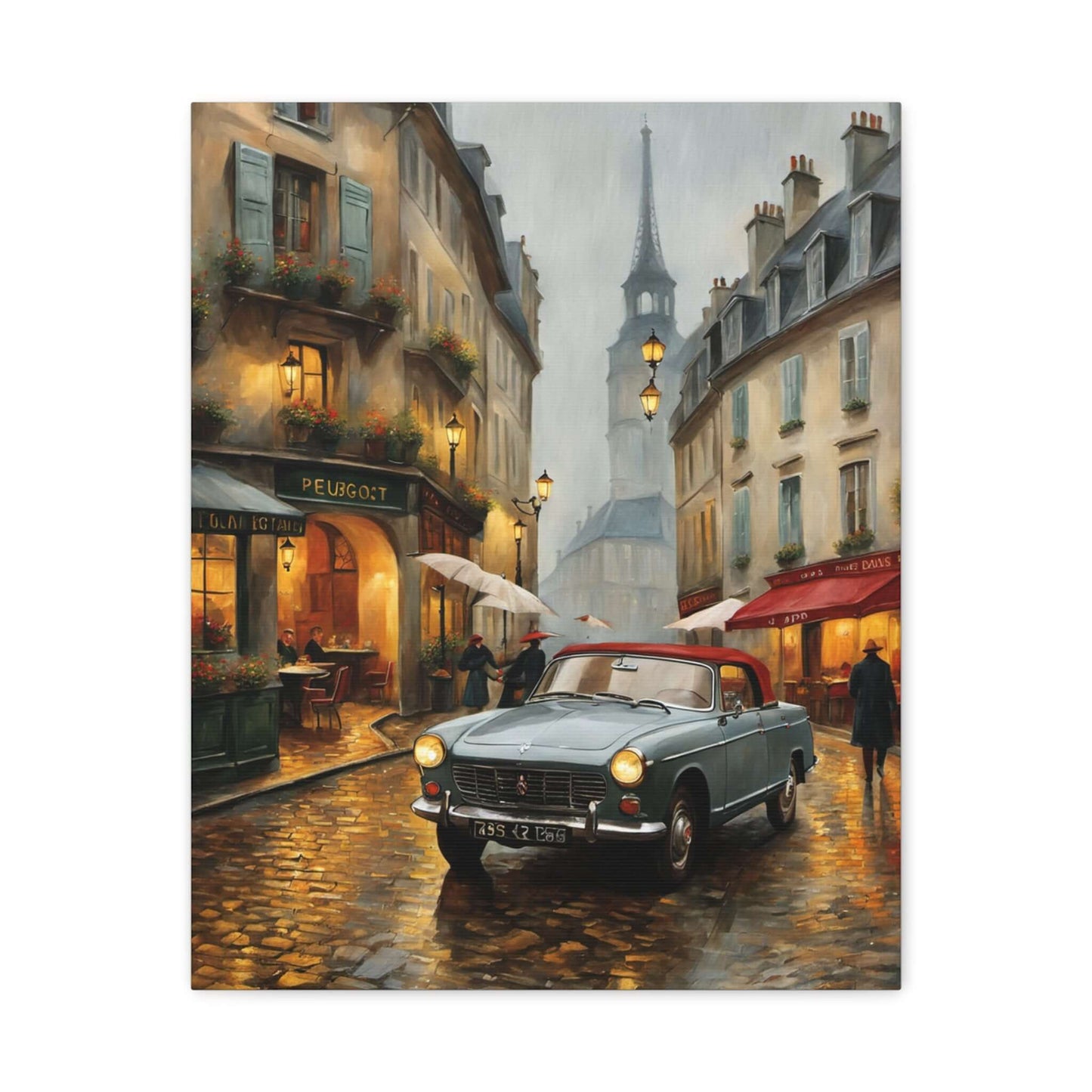 Vintage car cityscape canvas art featuring a classic car on a cobblestone street in a charming European town