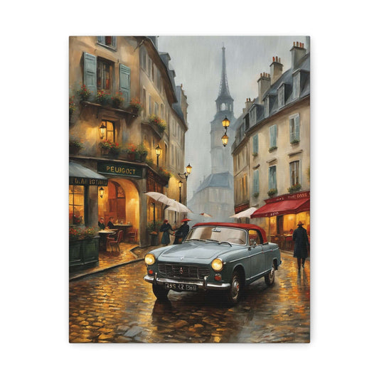 Vintage car cityscape canvas art featuring a classic car in a charming, rainy street scene