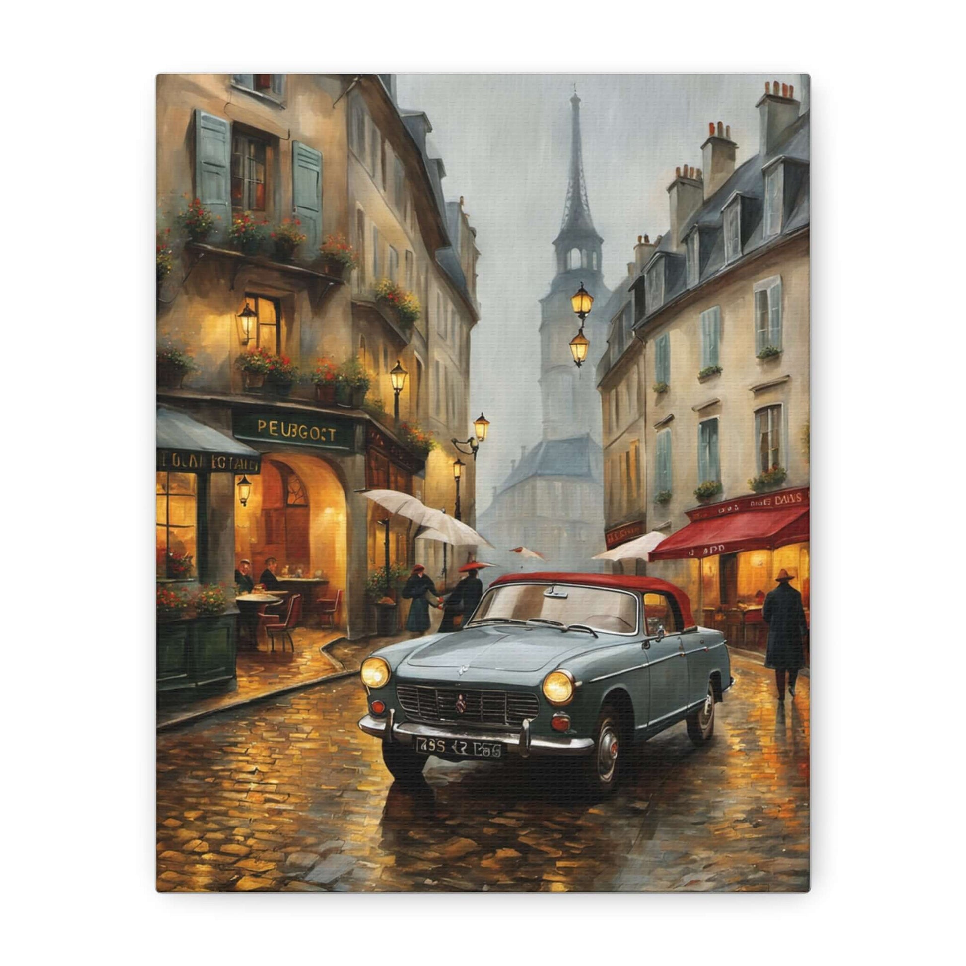Vintage car cityscape canvas art featuring a classic car on a rainy street near Paris cafes