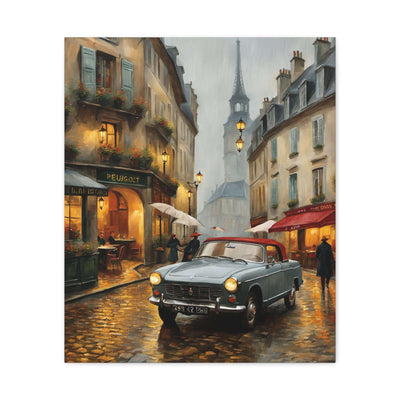 Vintage car cityscape canvas art featuring a classic car in a rainy Paris street landscape