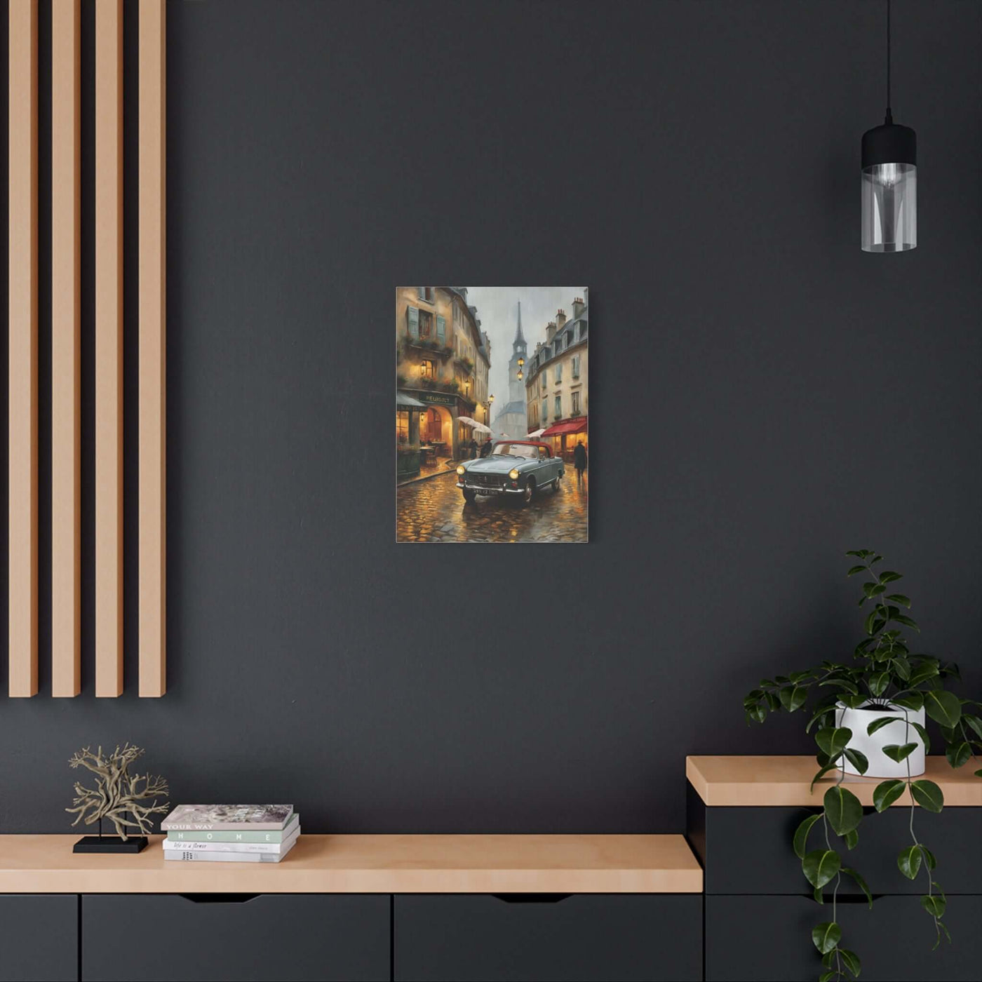 Vintage car cityscape canvas art featuring a rainy street scene with classic cars and historic buildings